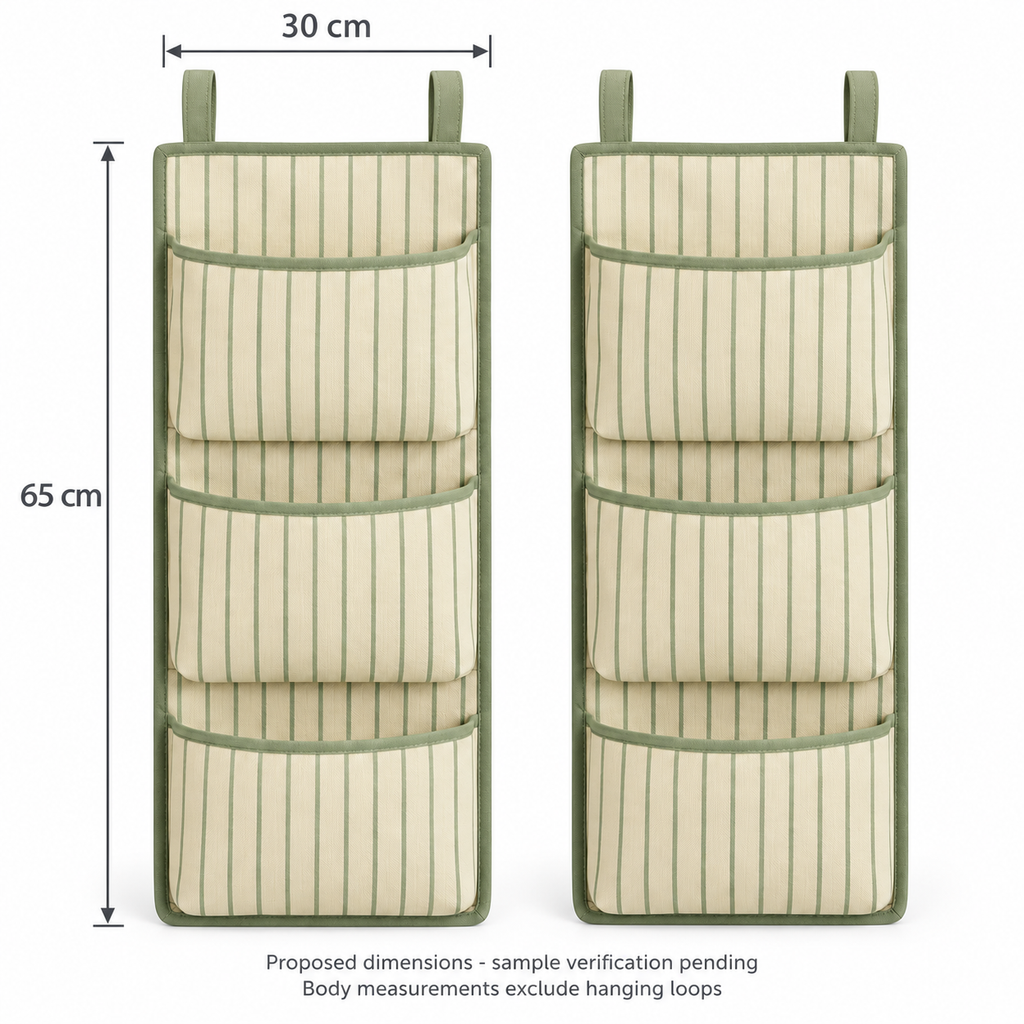 Sage Stripe 3-Pocket Hanging Storage Organiser, 2-Piece Set showing proposed design dimensions