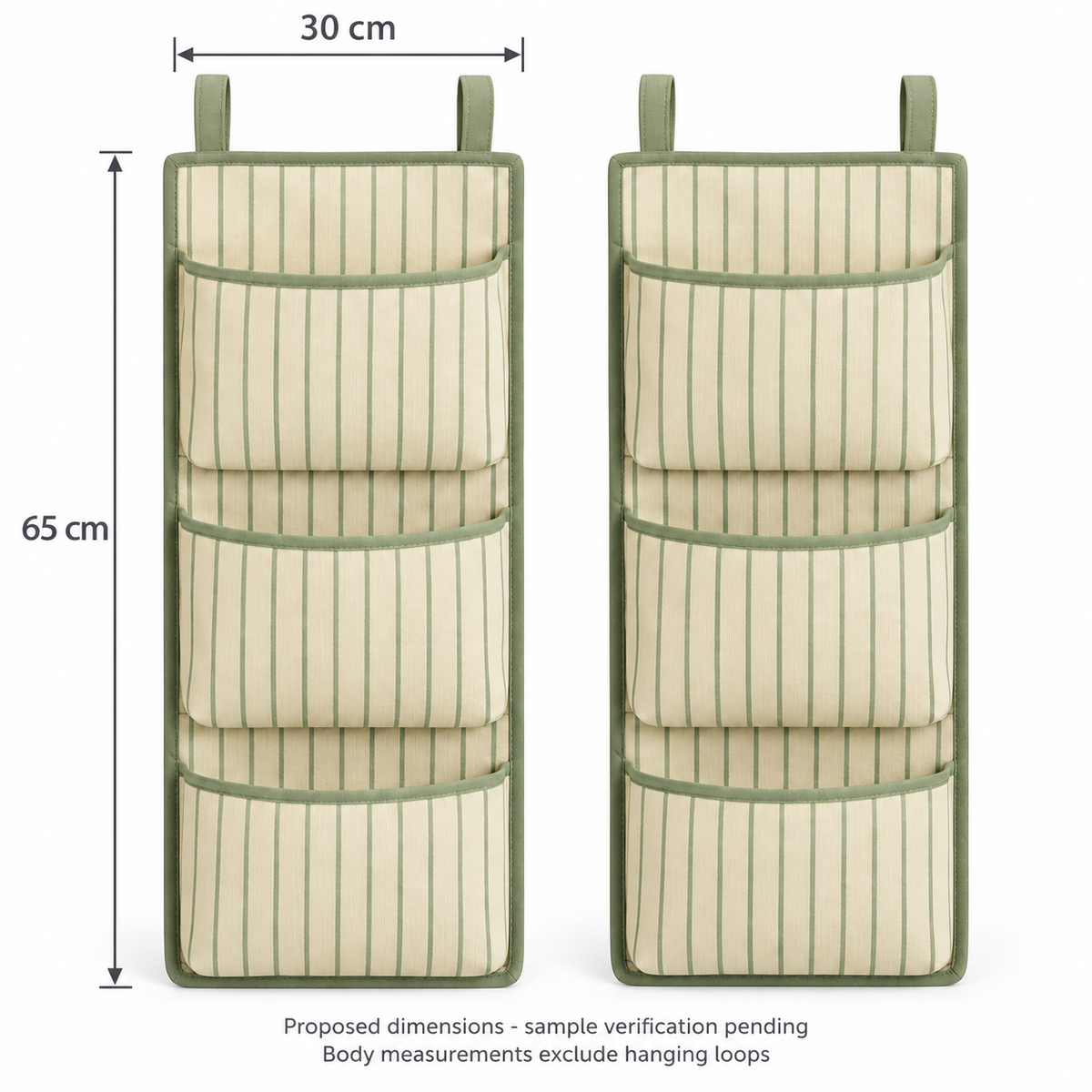 Sage Stripe 3-Pocket Hanging Storage Organiser, 2-Piece Set showing proposed design dimensions
