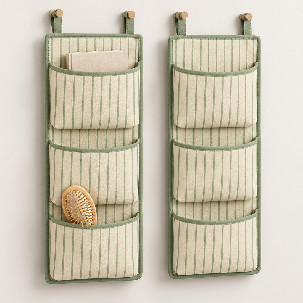 Sage Stripe 3-Pocket Hanging Storage Organiser, 2-Piece Set showing pocket openings and hanging structure