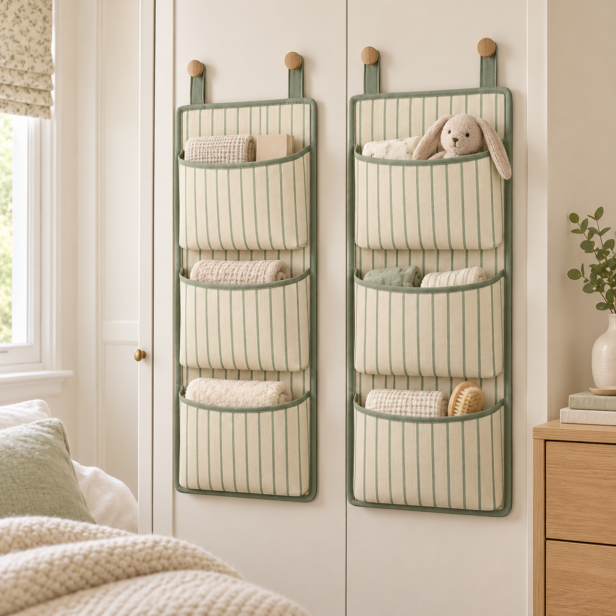 Sage Stripe 3-Pocket Hanging Storage Organiser, 2-Piece Set in a bedroom storage setting