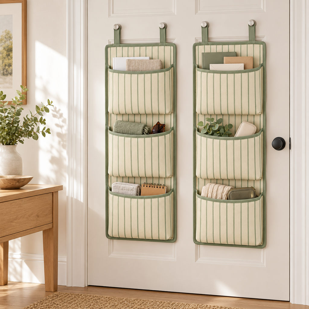 Sage Stripe 3-Pocket Hanging Storage Organiser, 2-Piece Set in a home organisation setting