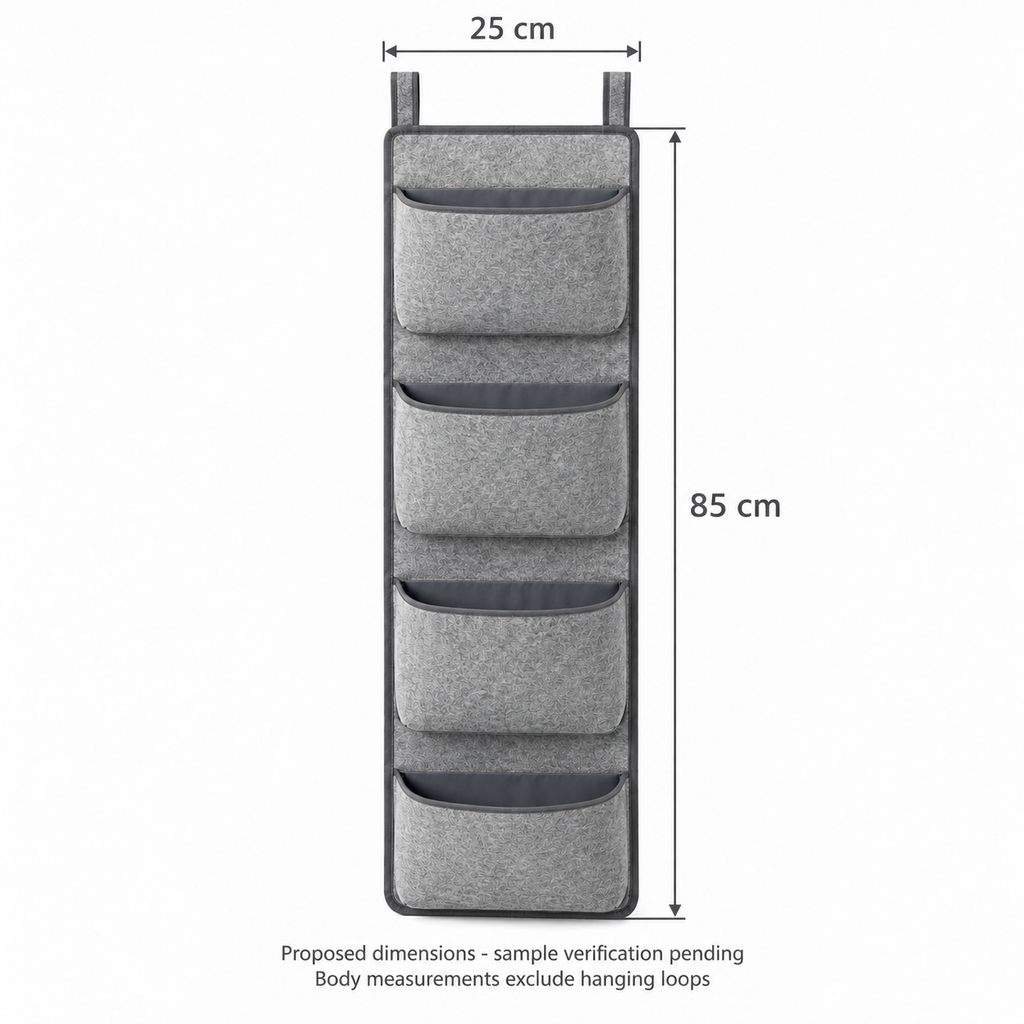 Slate Minimal 4-Pocket Narrow Hanging Storage Organiser showing proposed design dimensions
