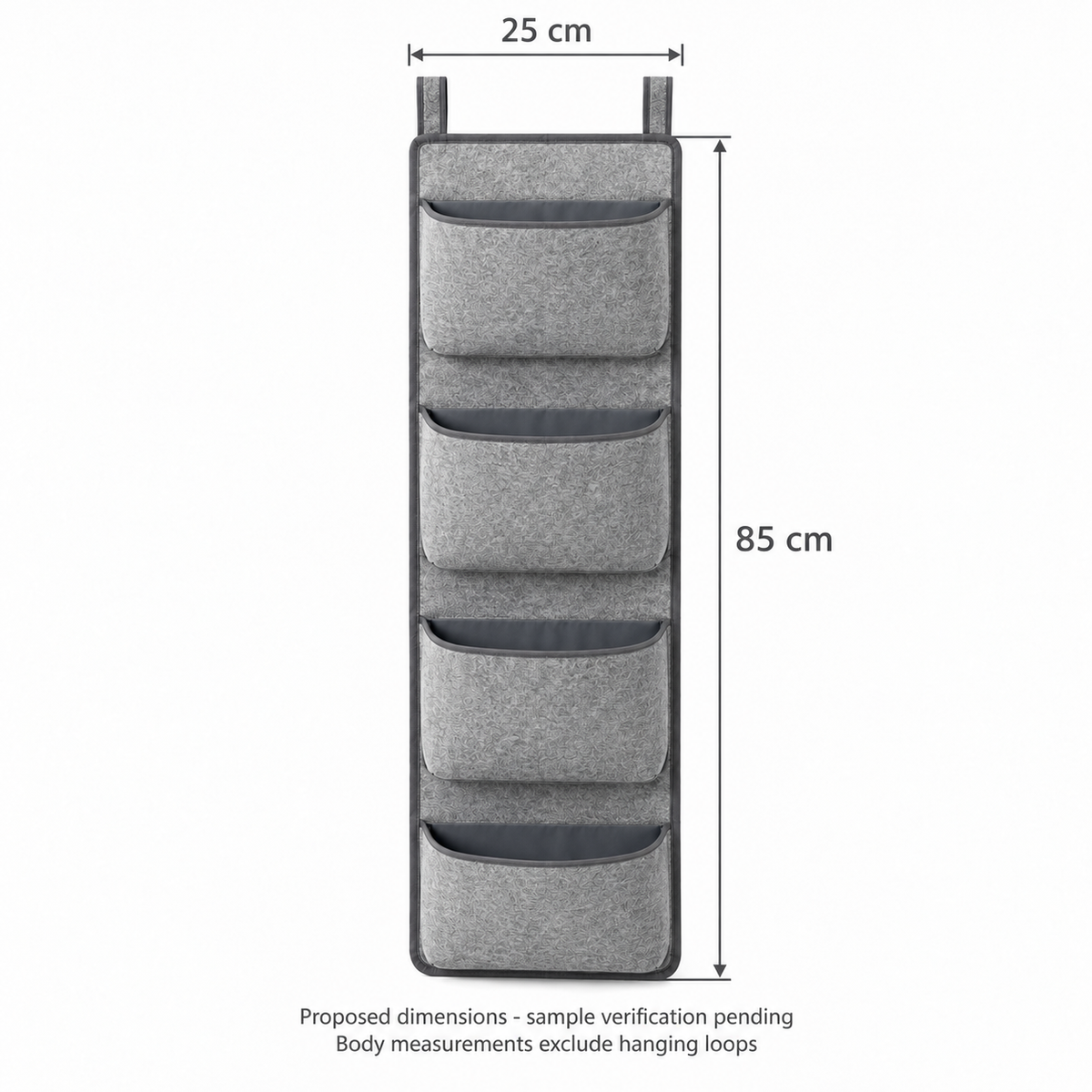 Slate Minimal 4-Pocket Narrow Hanging Storage Organiser showing proposed design dimensions