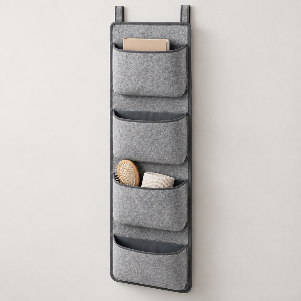 Slate Minimal 4-Pocket Narrow Hanging Storage Organiser showing pocket openings and hanging structure