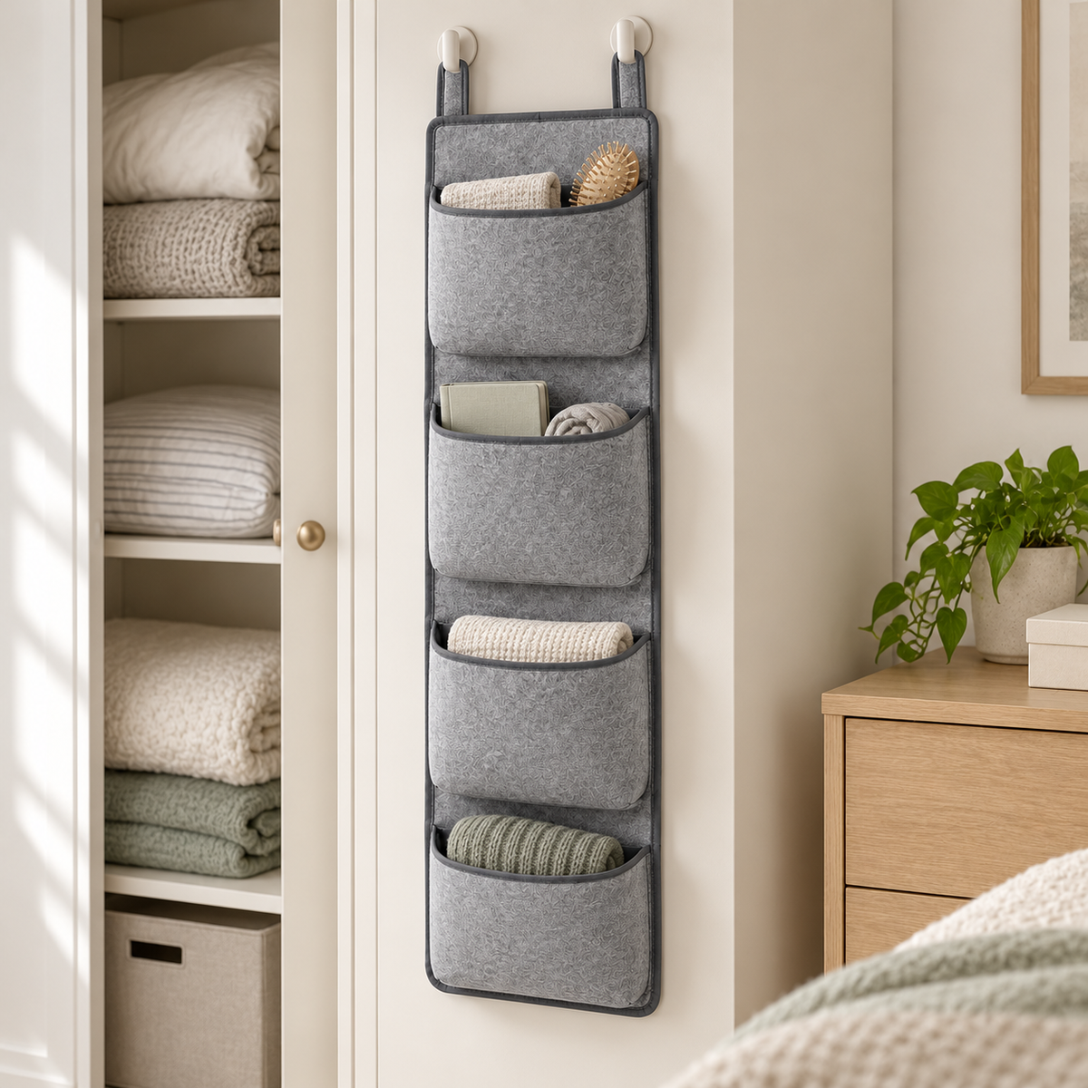 Slate Minimal 4-Pocket Narrow Hanging Storage Organiser in a bedroom storage setting