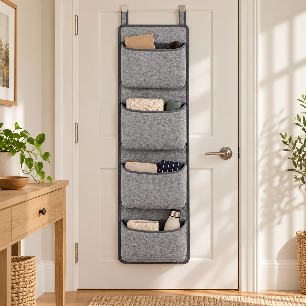 Slate Minimal 4-Pocket Narrow Hanging Storage Organiser in a home organisation setting