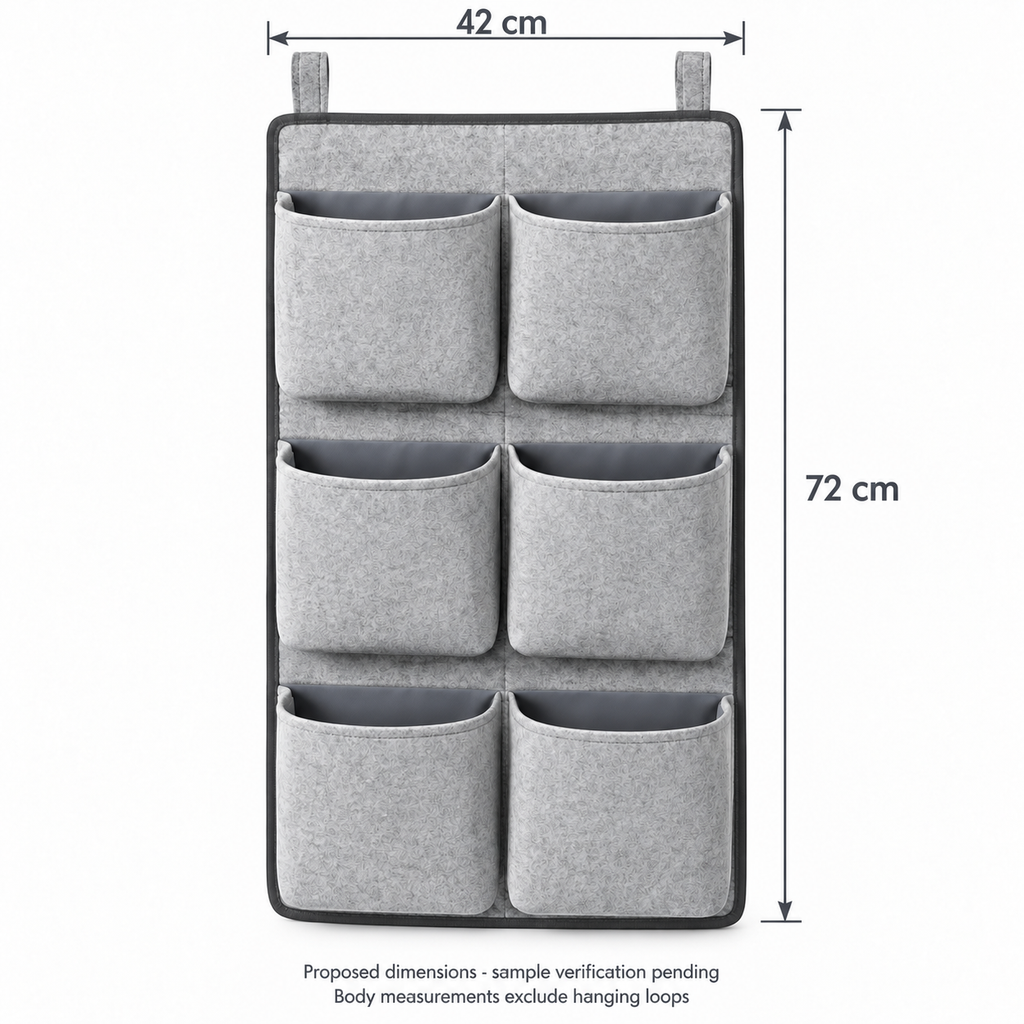 Slate Minimal 6-Pocket Hanging Storage Organiser showing proposed design dimensions