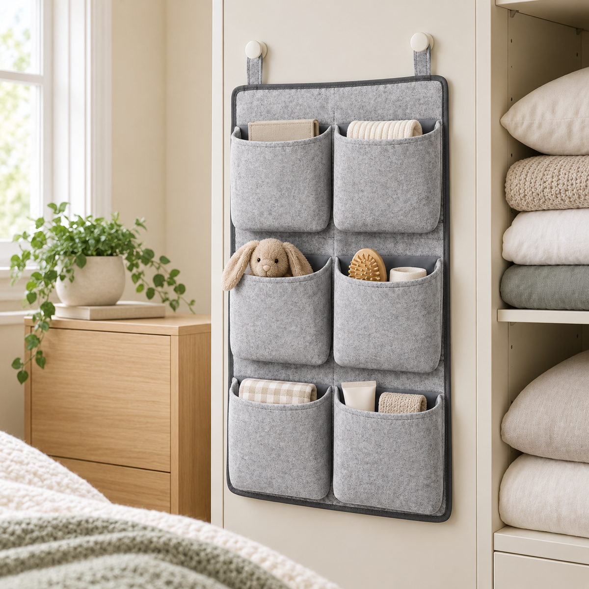 Slate Minimal 6-Pocket Hanging Storage Organiser in a bedroom storage setting