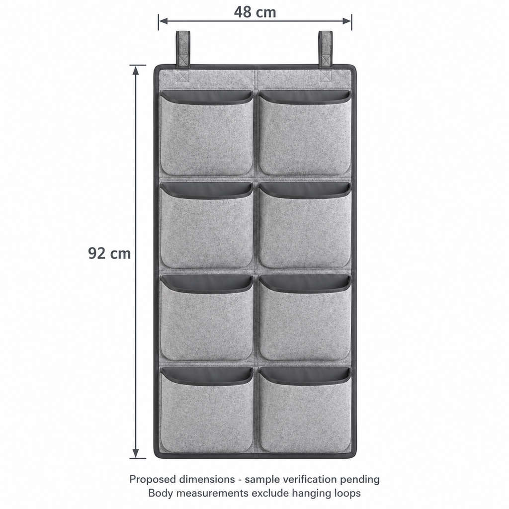 Slate Minimal 8-Pocket Hanging Storage Organiser showing proposed design dimensions