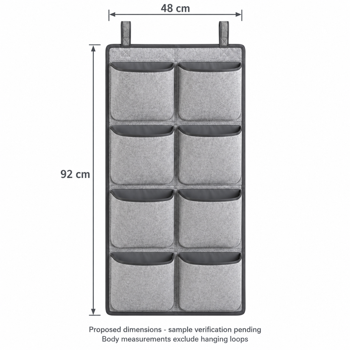 Slate Minimal 8-Pocket Hanging Storage Organiser showing proposed design dimensions