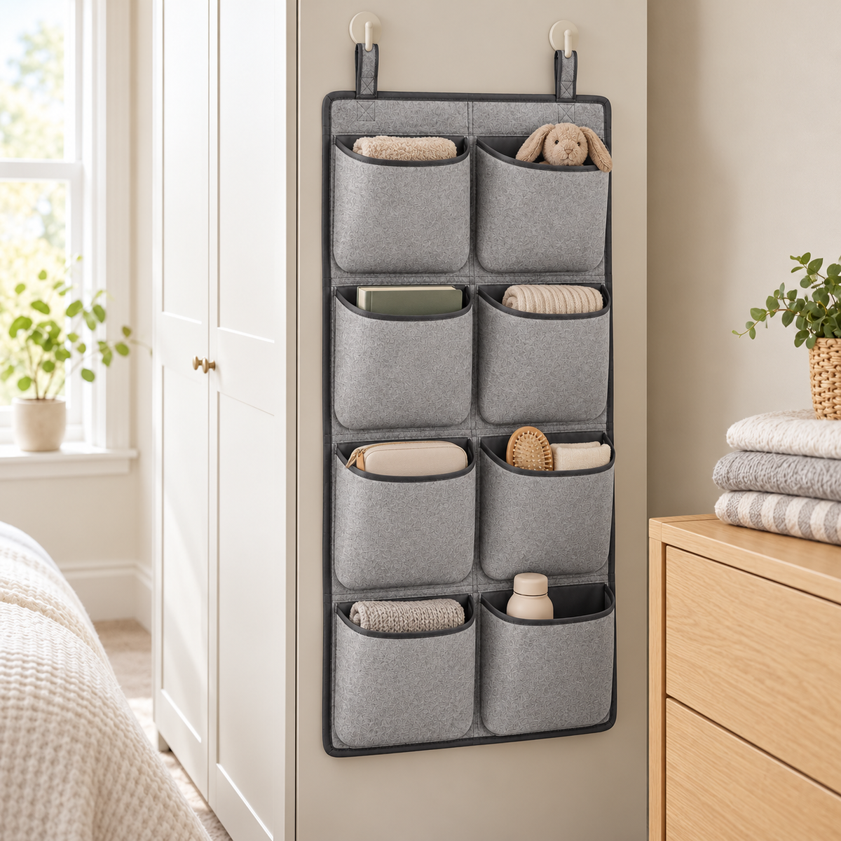 Slate Minimal 8-Pocket Hanging Storage Organiser in a bedroom storage setting