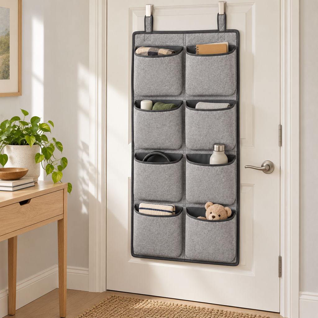 Slate Minimal 8-Pocket Hanging Storage Organiser in a home organisation setting