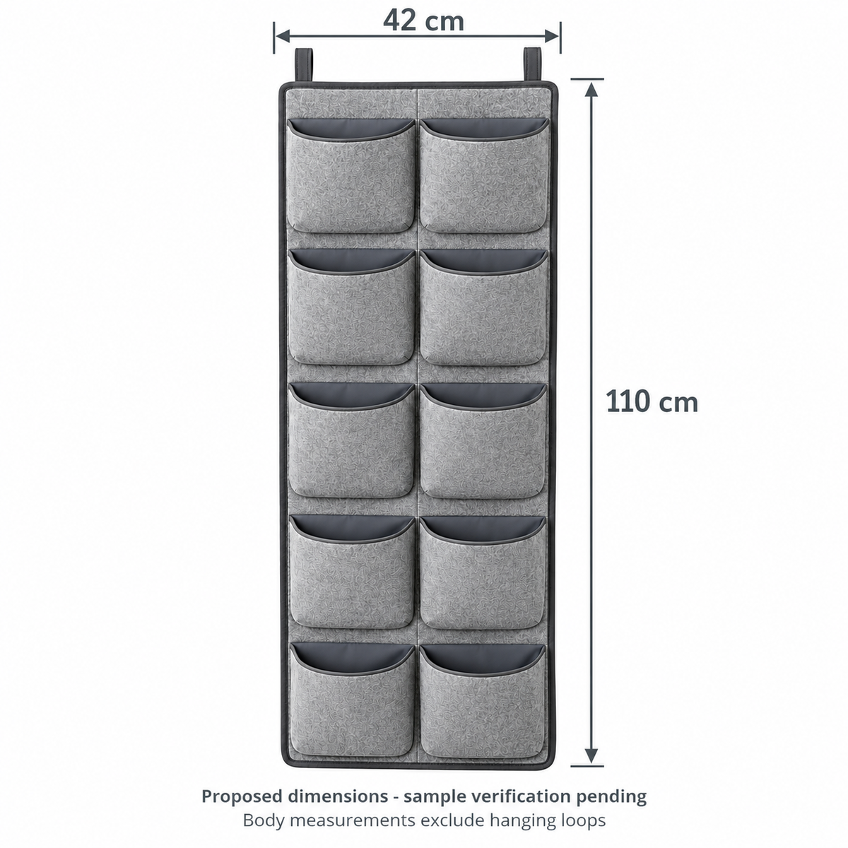 Slate Minimal 10-Pocket Hanging Storage Organiser showing proposed design dimensions