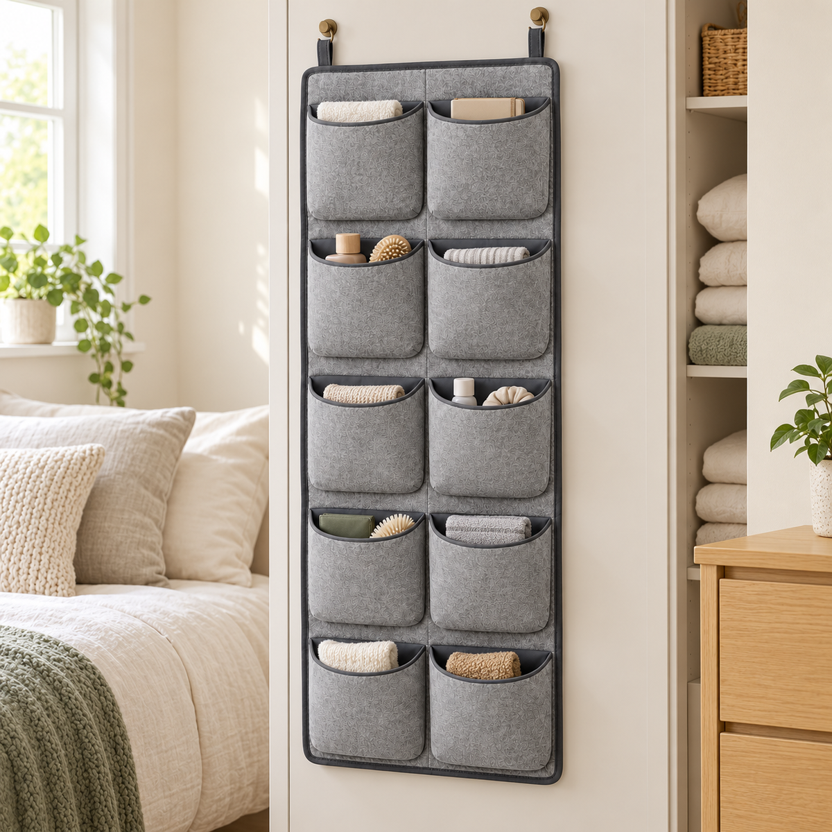 Slate Minimal 10-Pocket Hanging Storage Organiser in a bedroom storage setting