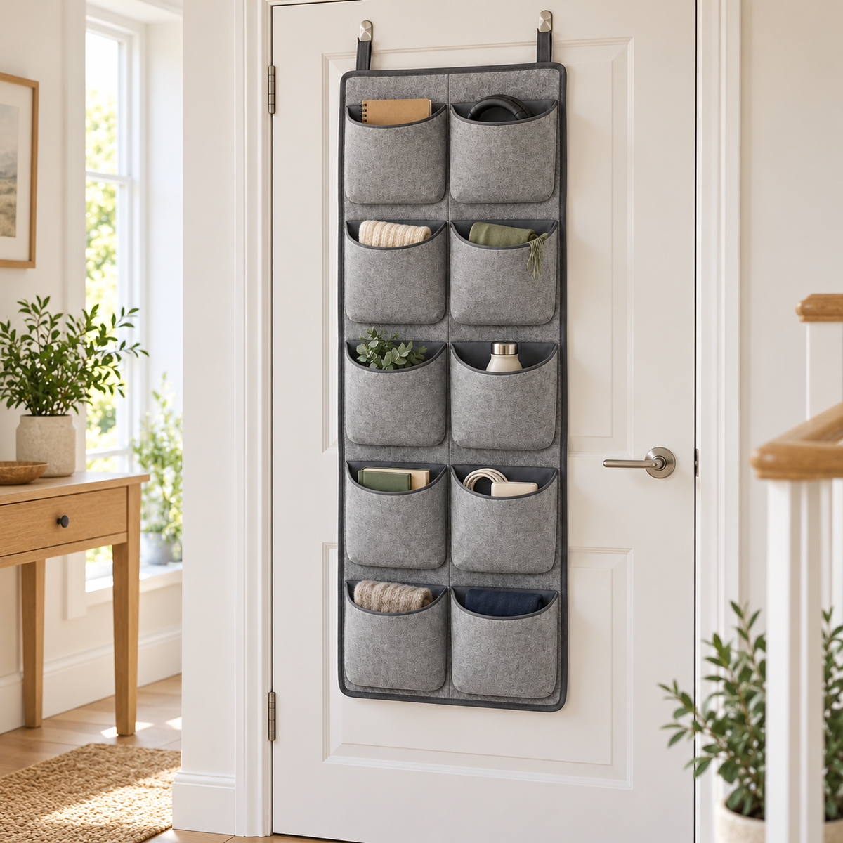 Slate Minimal 10-Pocket Hanging Storage Organiser in a home organisation setting