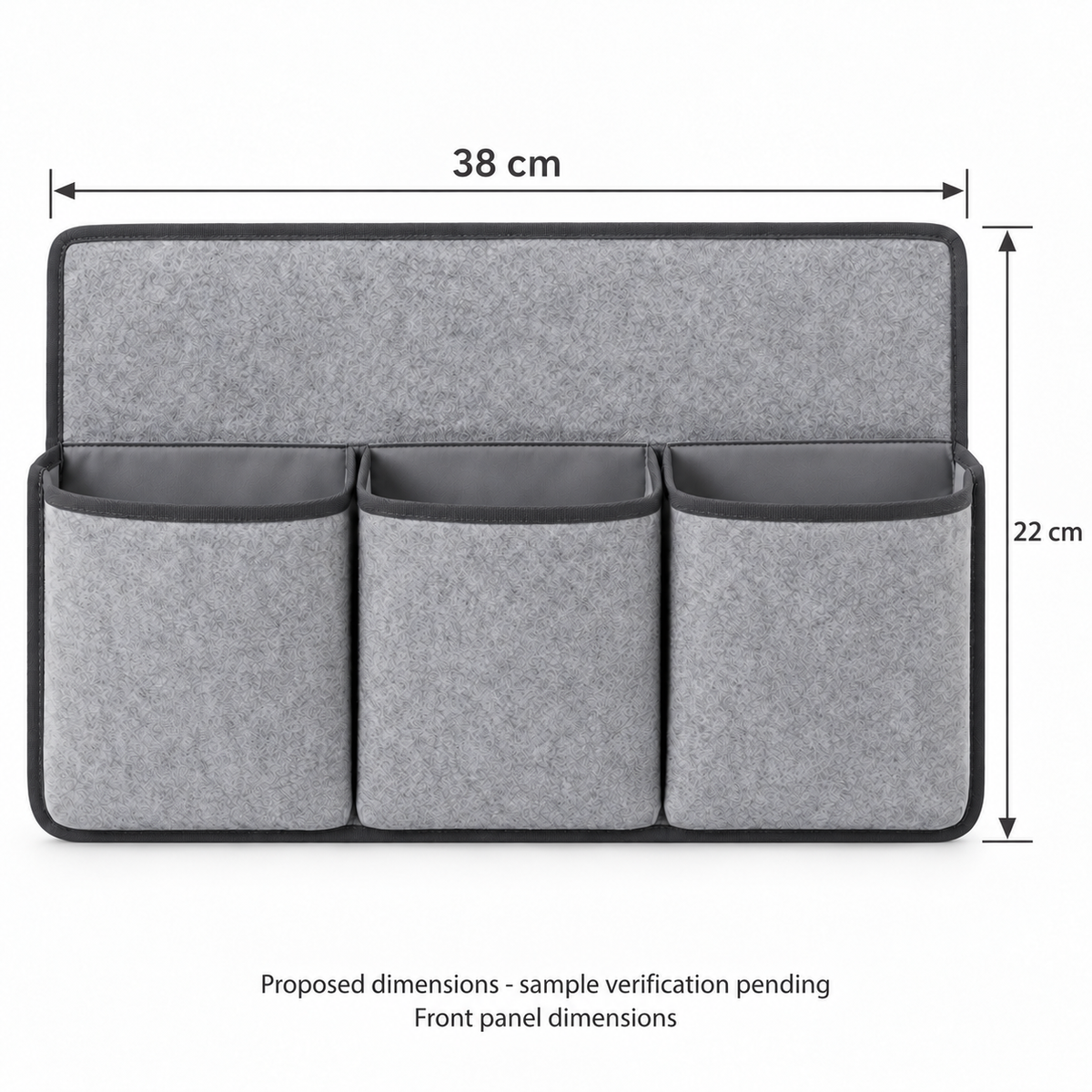 Slate Minimal Bedside 3-Pocket Storage Caddy showing proposed design dimensions
