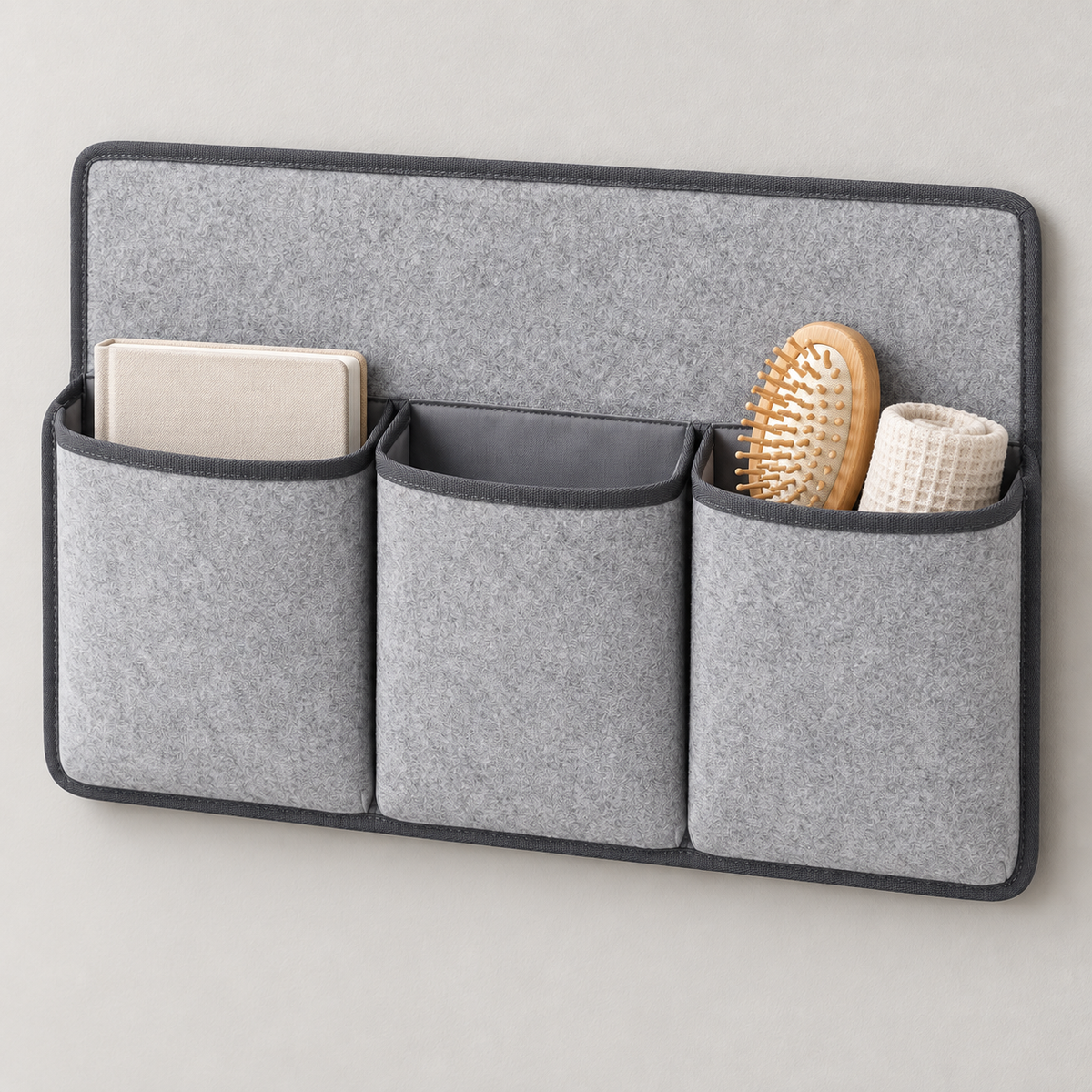 Slate Minimal Bedside 3-Pocket Storage Caddy showing pocket openings and hanging structure