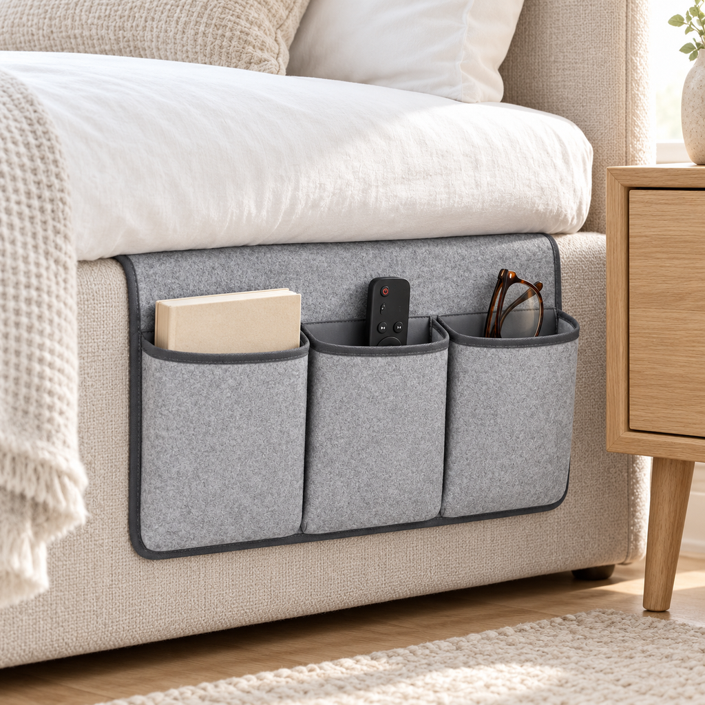 Slate Minimal Bedside 3-Pocket Storage Caddy in a bedroom storage setting