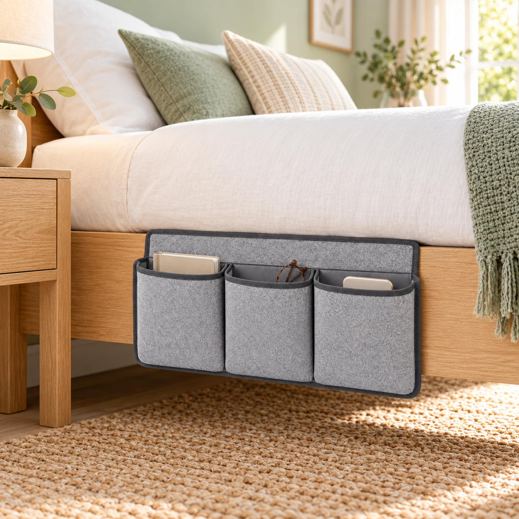 Slate Minimal Bedside 3-Pocket Storage Caddy in a home organisation setting