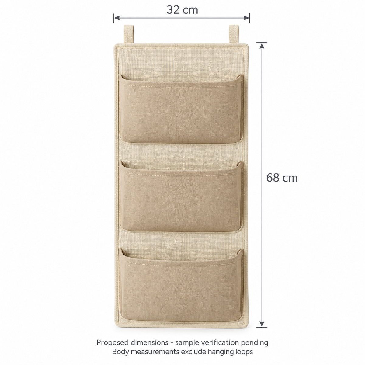 Soft Sand 3-Pocket Hanging Storage Organiser showing proposed design dimensions