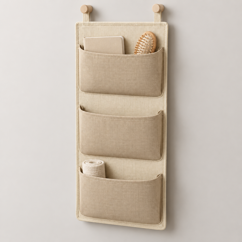 Soft Sand 3-Pocket Hanging Storage Organiser showing pocket openings and hanging structure