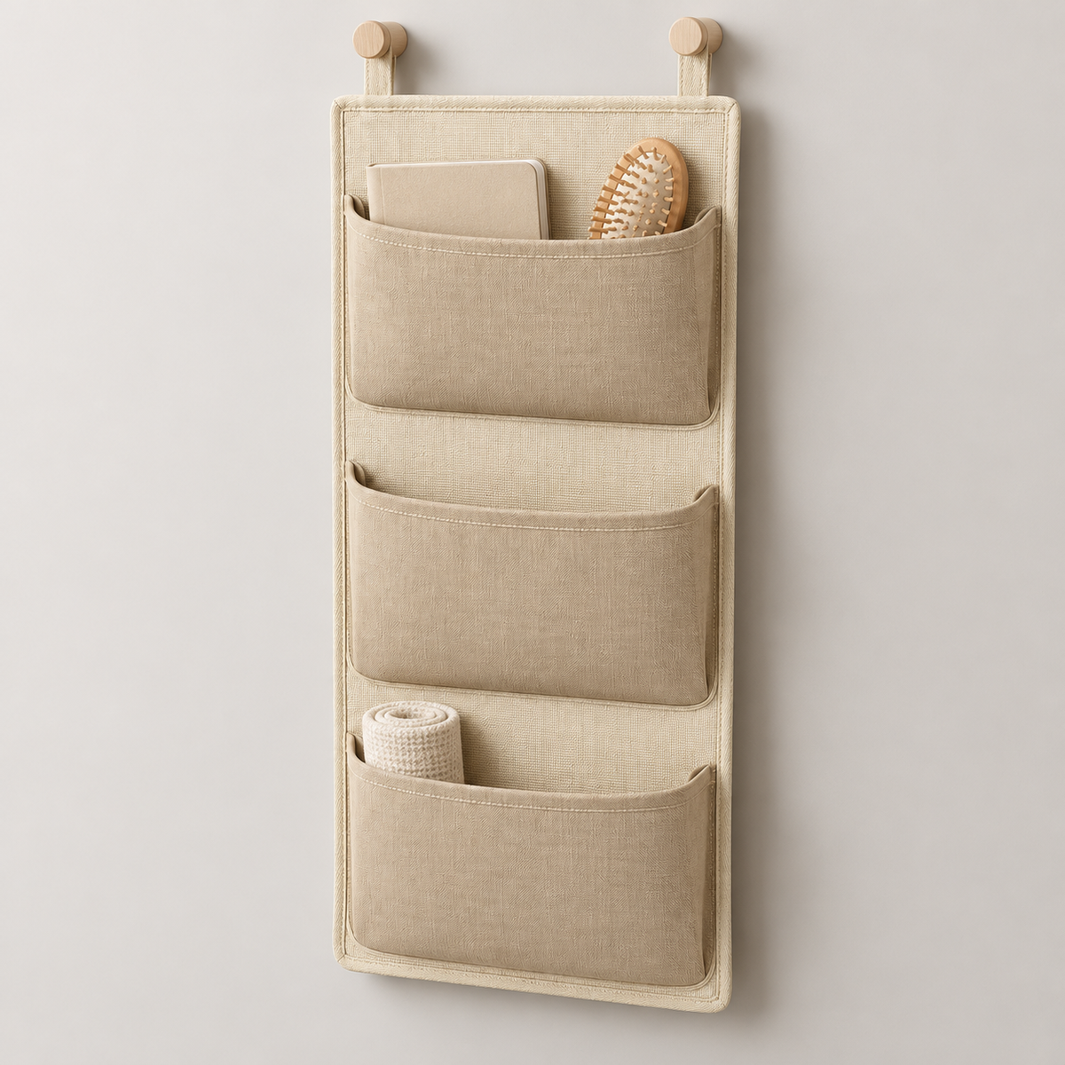 Soft Sand 3-Pocket Hanging Storage Organiser showing pocket openings and hanging structure