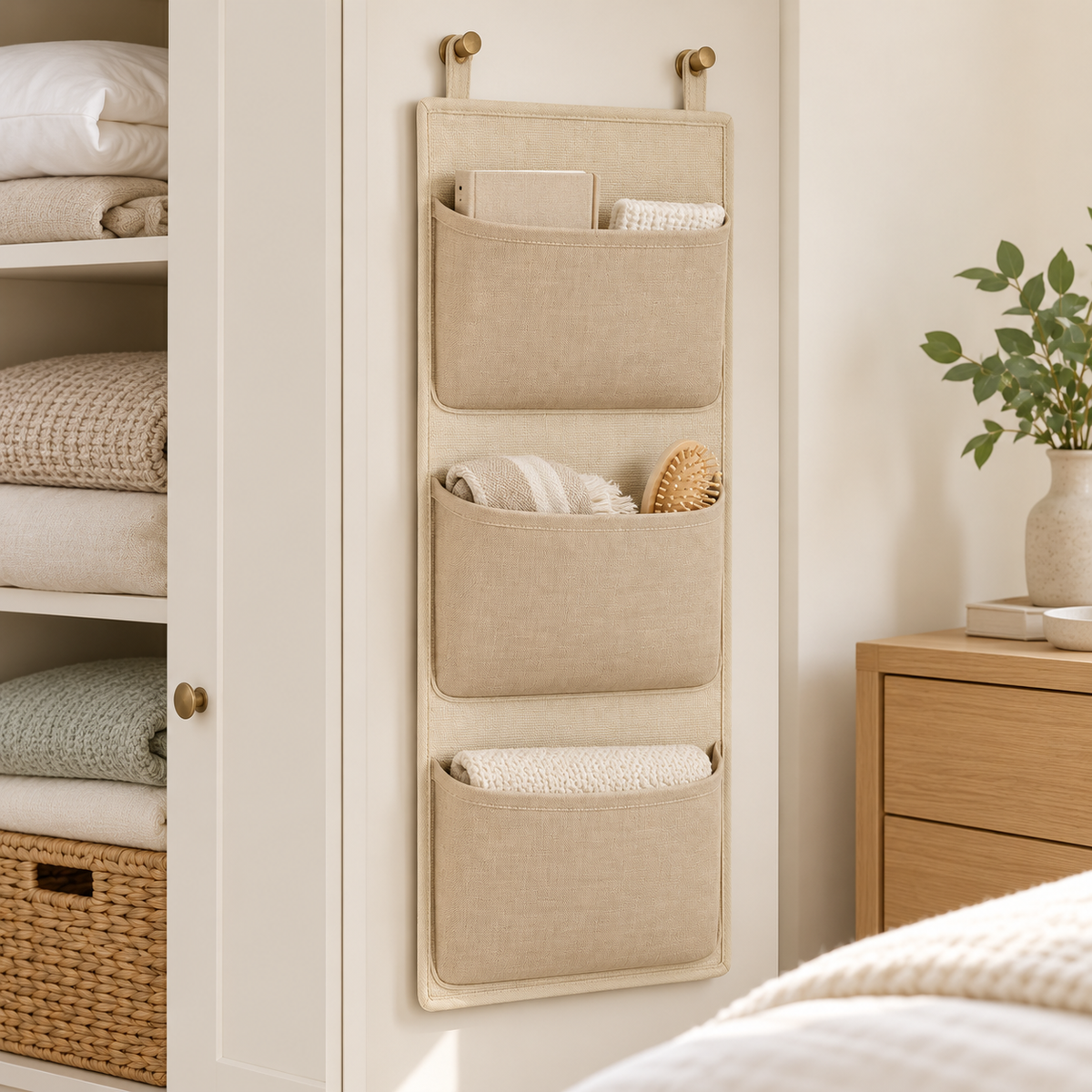 Soft Sand 3-Pocket Hanging Storage Organiser in a bedroom storage setting