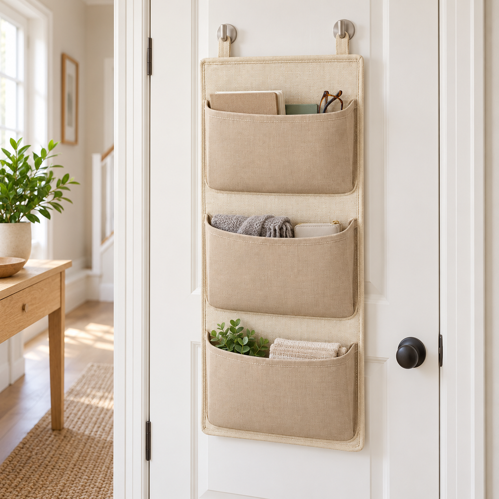 Soft Sand 3-Pocket Hanging Storage Organiser in a home organisation setting