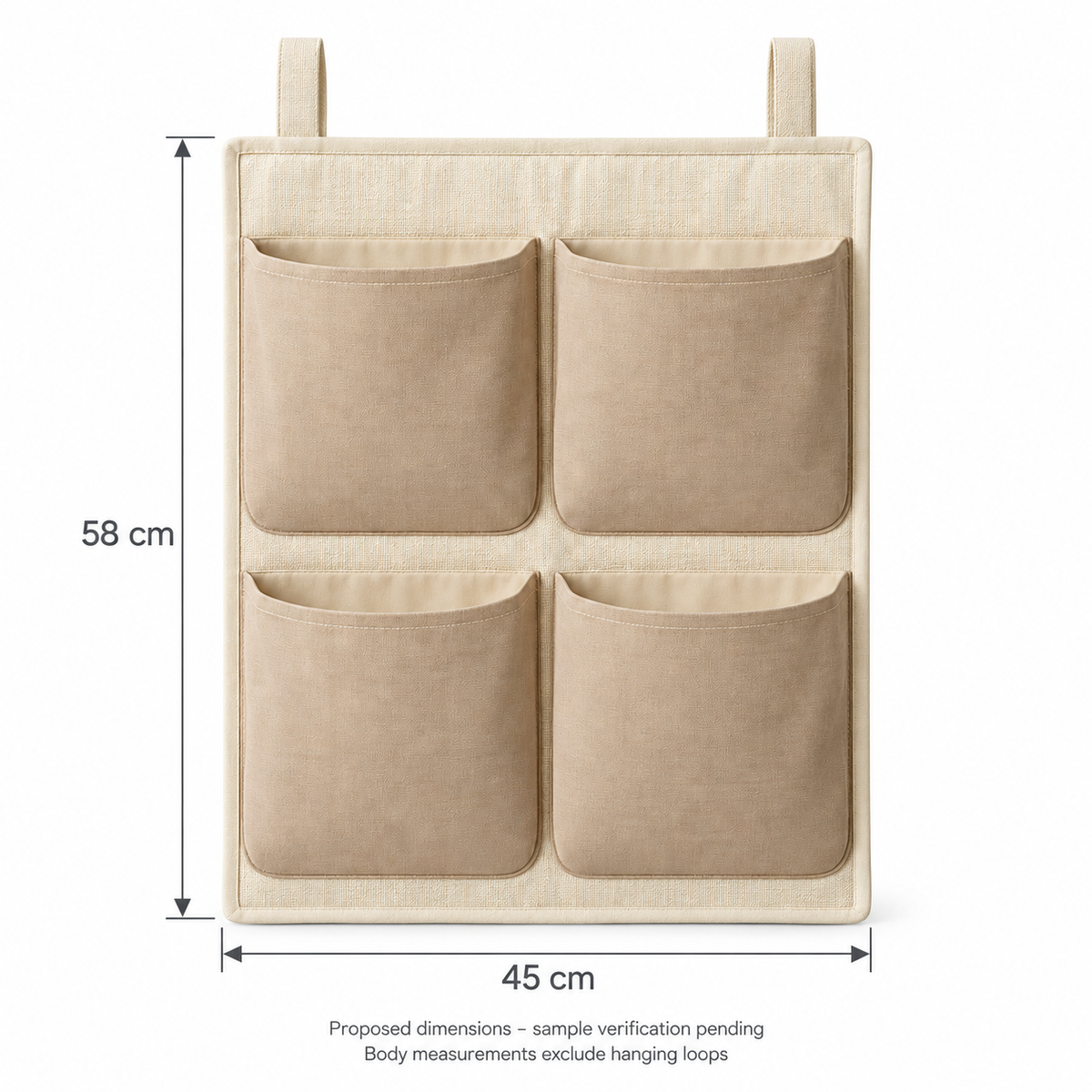 Soft Sand 4-Pocket Hanging Storage Organiser showing proposed design dimensions