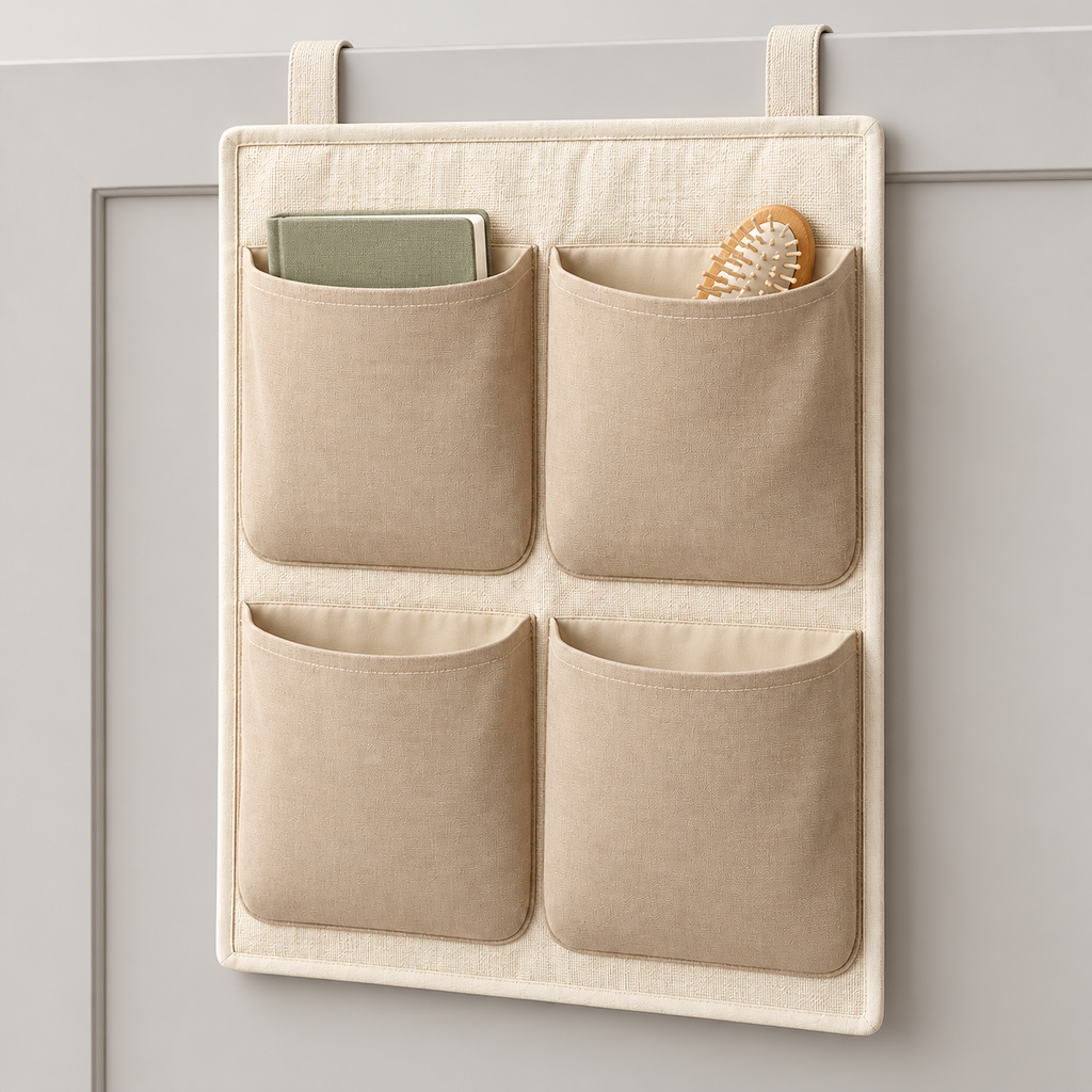 Soft Sand 4-Pocket Hanging Storage Organiser showing pocket openings and hanging structure
