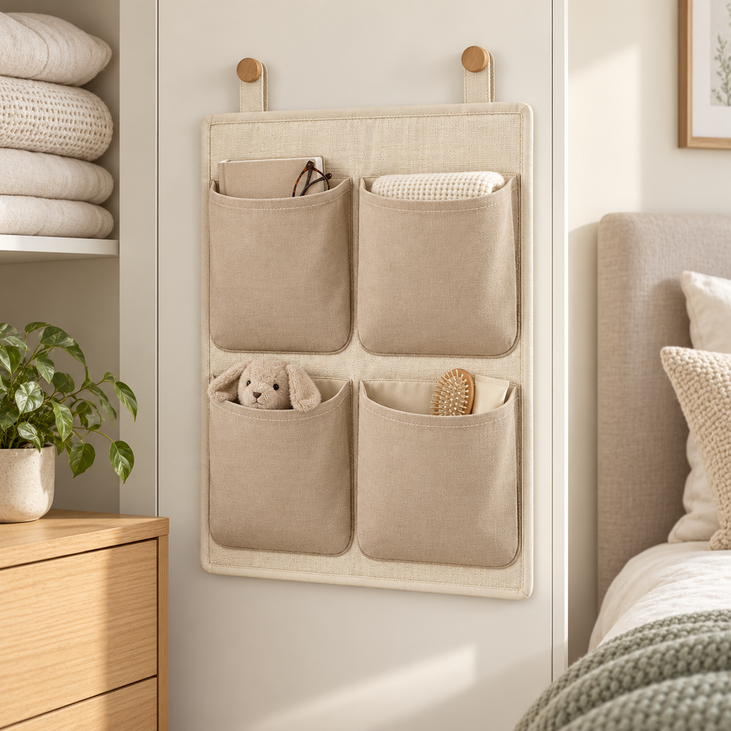 Soft Sand 4-Pocket Hanging Storage Organiser in a bedroom storage setting