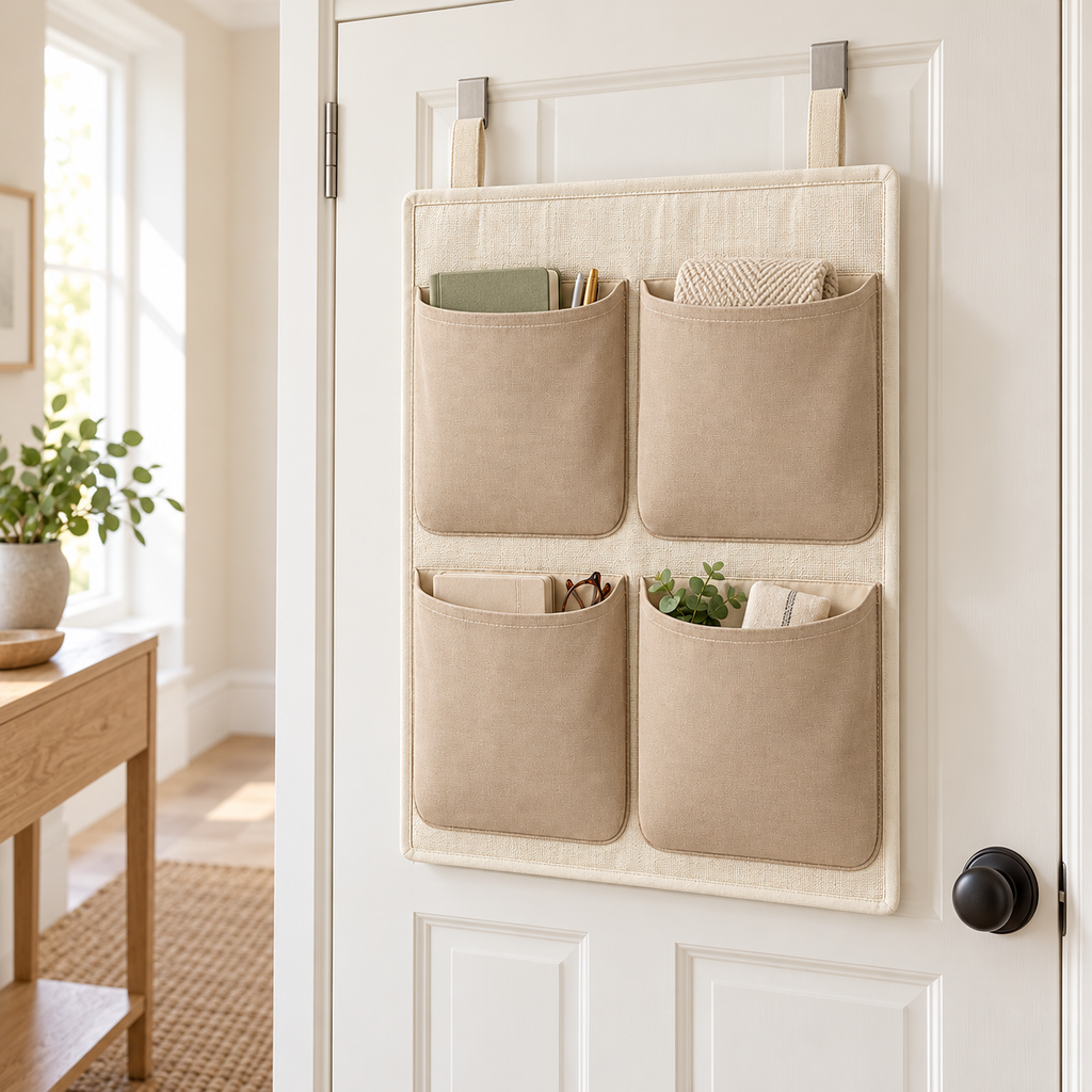 Soft Sand 4-Pocket Hanging Storage Organiser in a home organisation setting