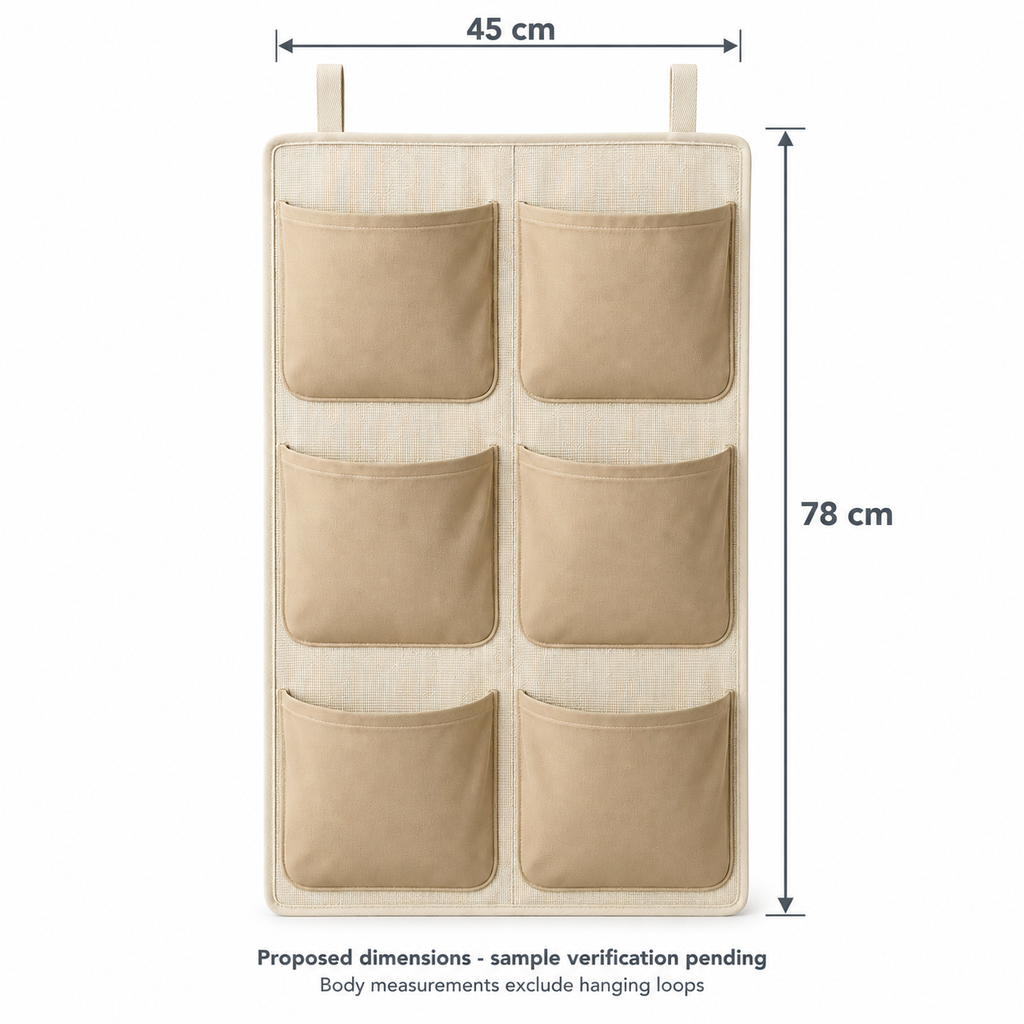 Soft Sand 6-Pocket Hanging Storage Organiser showing proposed design dimensions