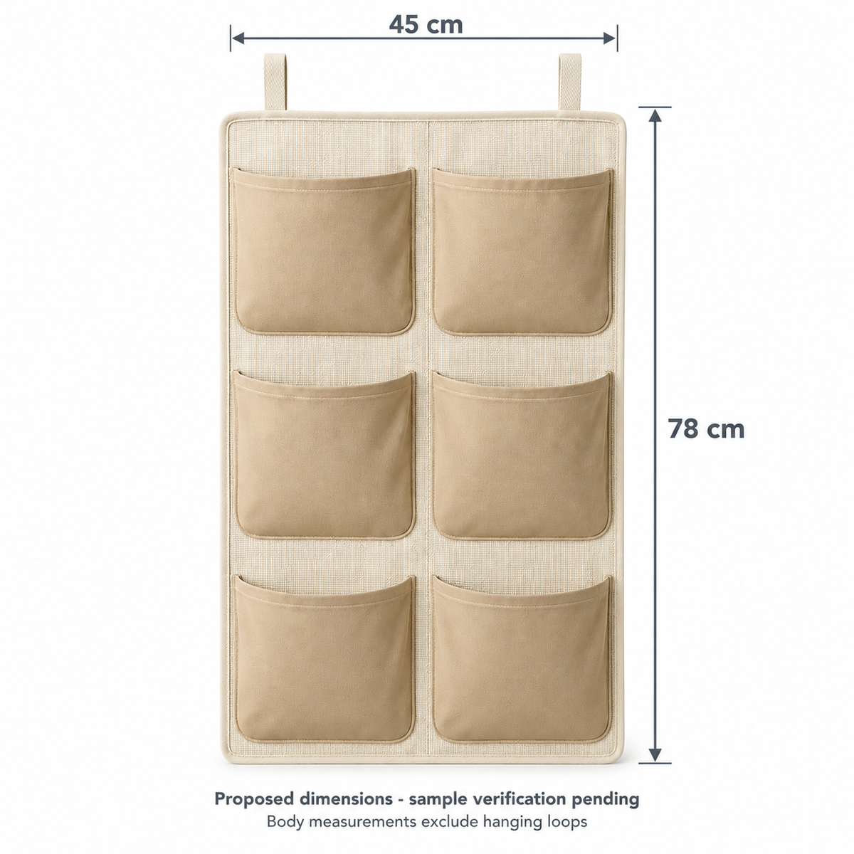 Soft Sand 6-Pocket Hanging Storage Organiser showing proposed design dimensions
