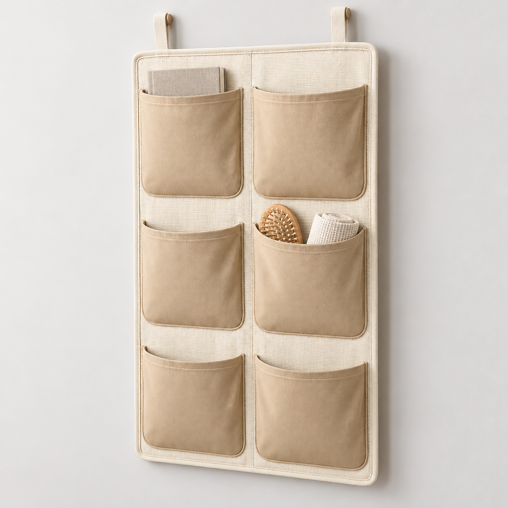 Soft Sand 6-Pocket Hanging Storage Organiser showing pocket openings and hanging structure