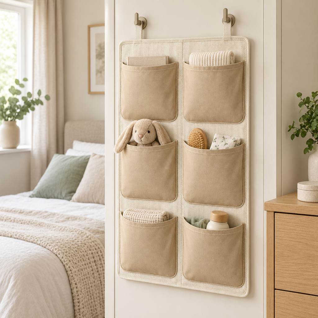 Soft Sand 6-Pocket Hanging Storage Organiser in a bedroom storage setting