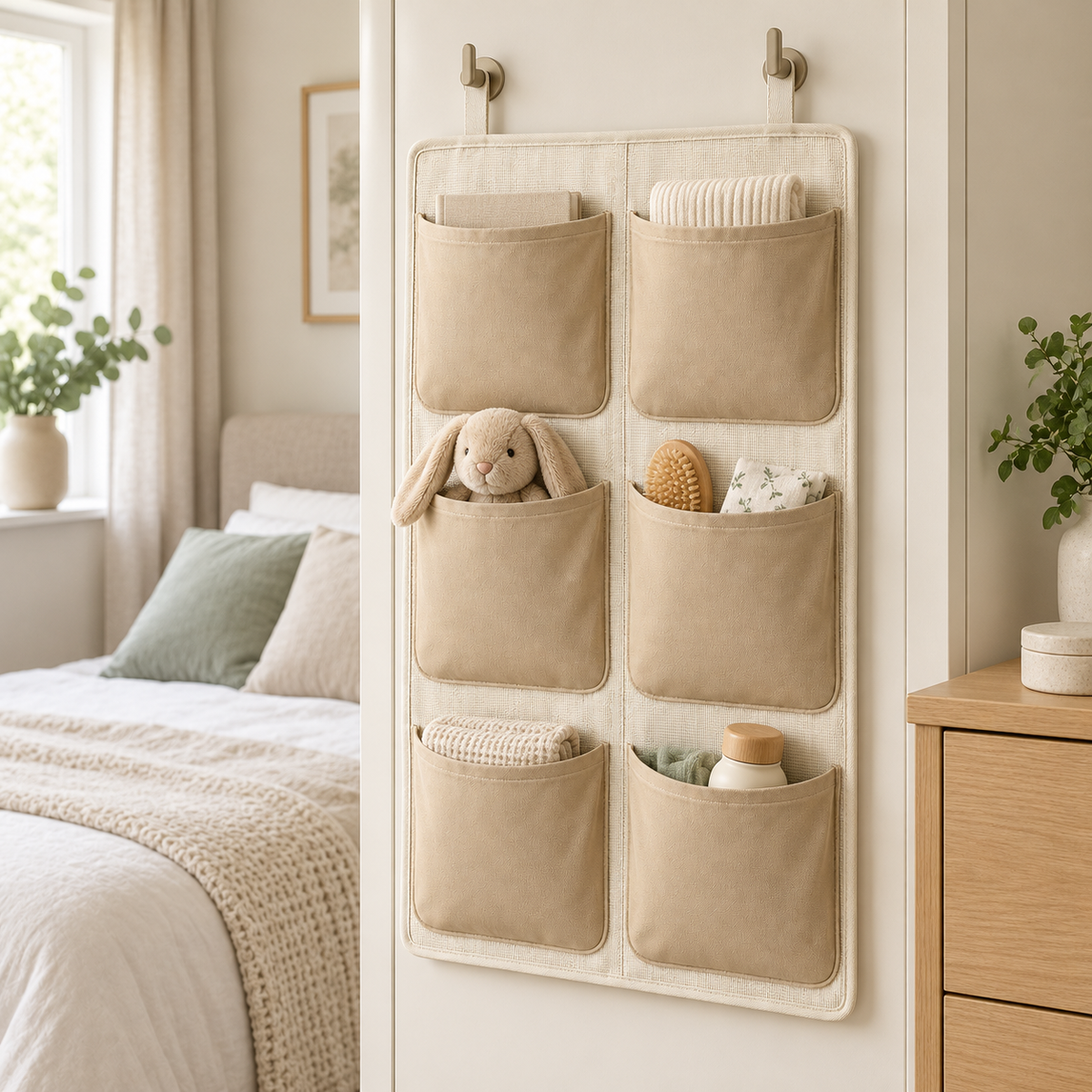 Soft Sand 6-Pocket Hanging Storage Organiser in a bedroom storage setting