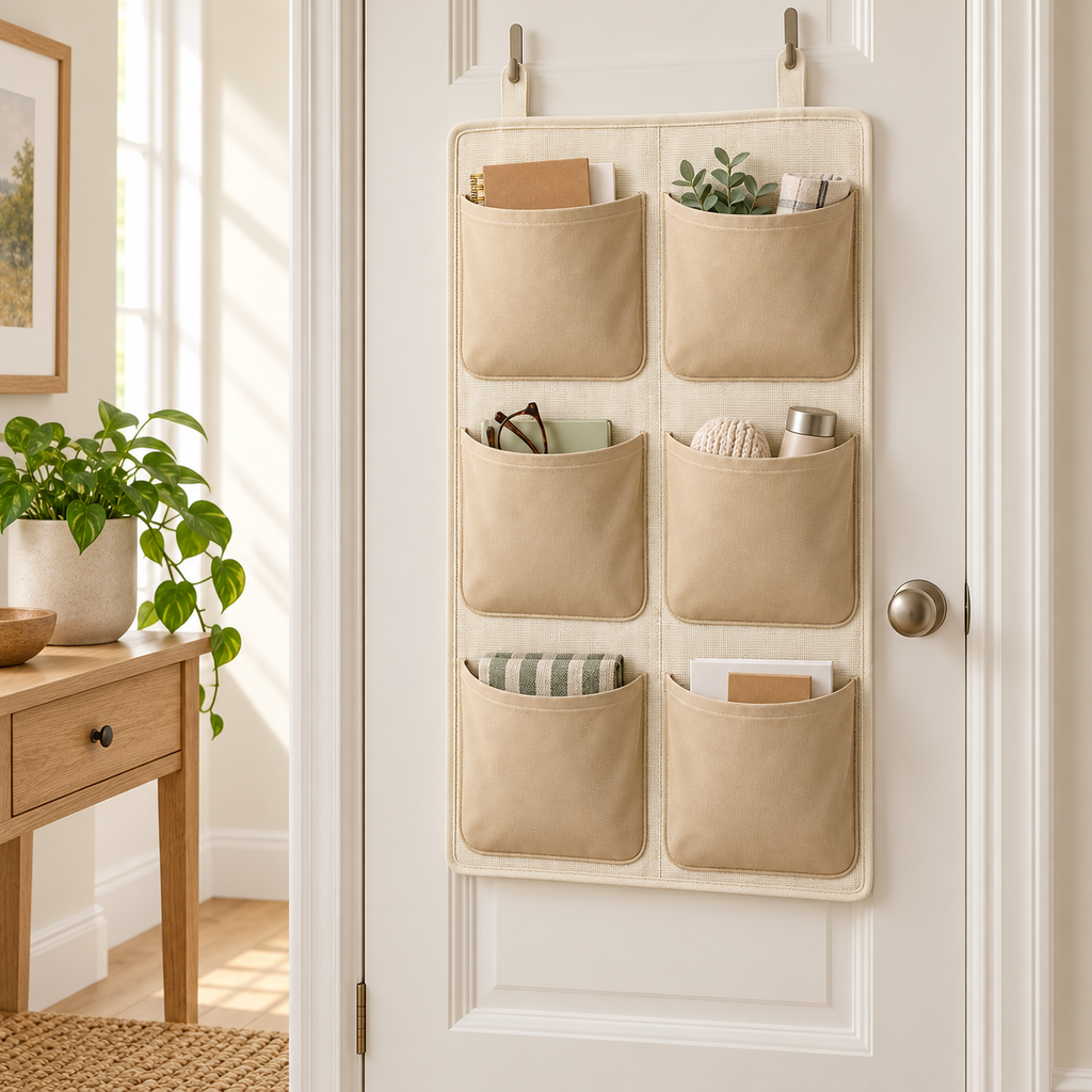 Soft Sand 6-Pocket Hanging Storage Organiser in a home organisation setting