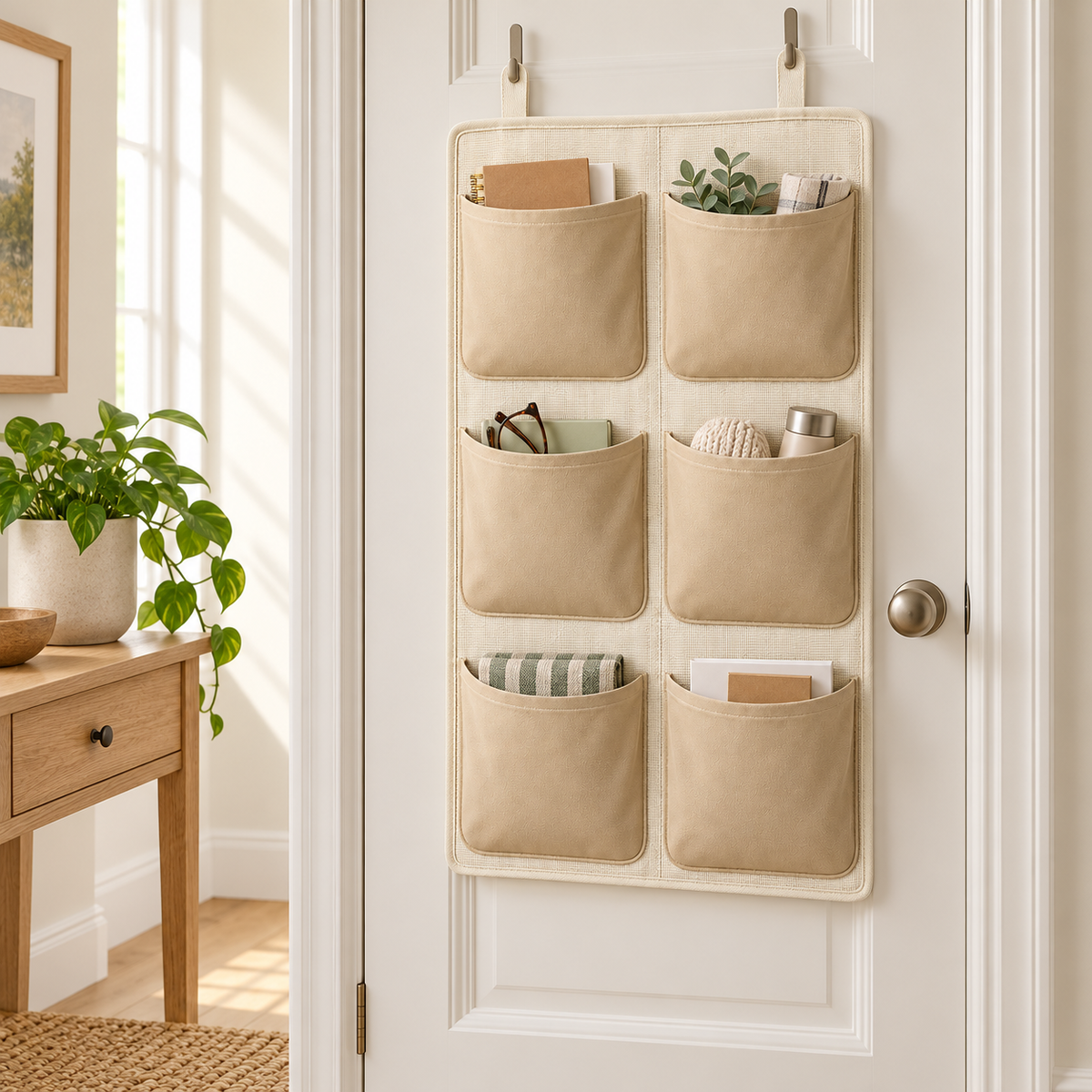 Soft Sand 6-Pocket Hanging Storage Organiser in a home organisation setting