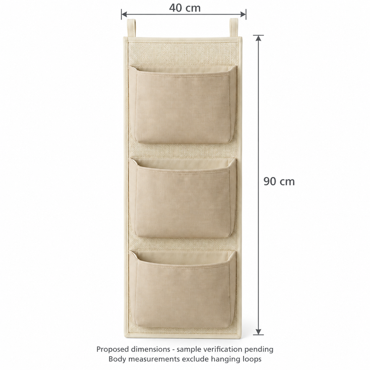 Soft Sand 3-Pocket Narrow Hanging Storage Organiser showing proposed design dimensions