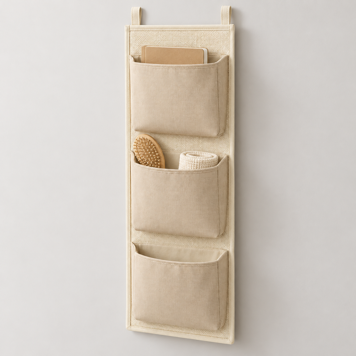 Soft Sand 3-Pocket Narrow Hanging Storage Organiser showing pocket openings and hanging structure