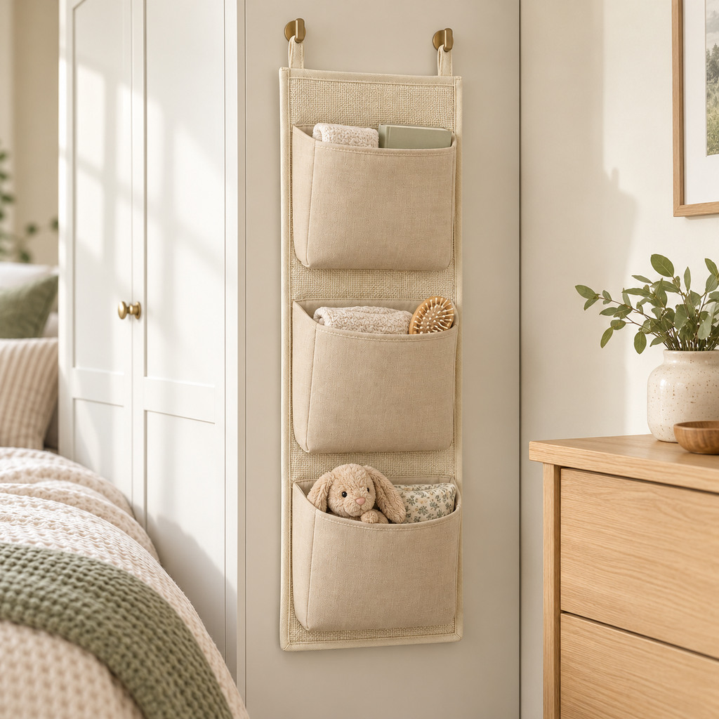 Soft Sand 3-Pocket Narrow Hanging Storage Organiser in a bedroom storage setting