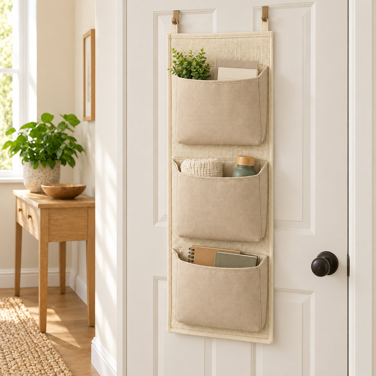 Soft Sand 3-Pocket Narrow Hanging Storage Organiser in a home organisation setting