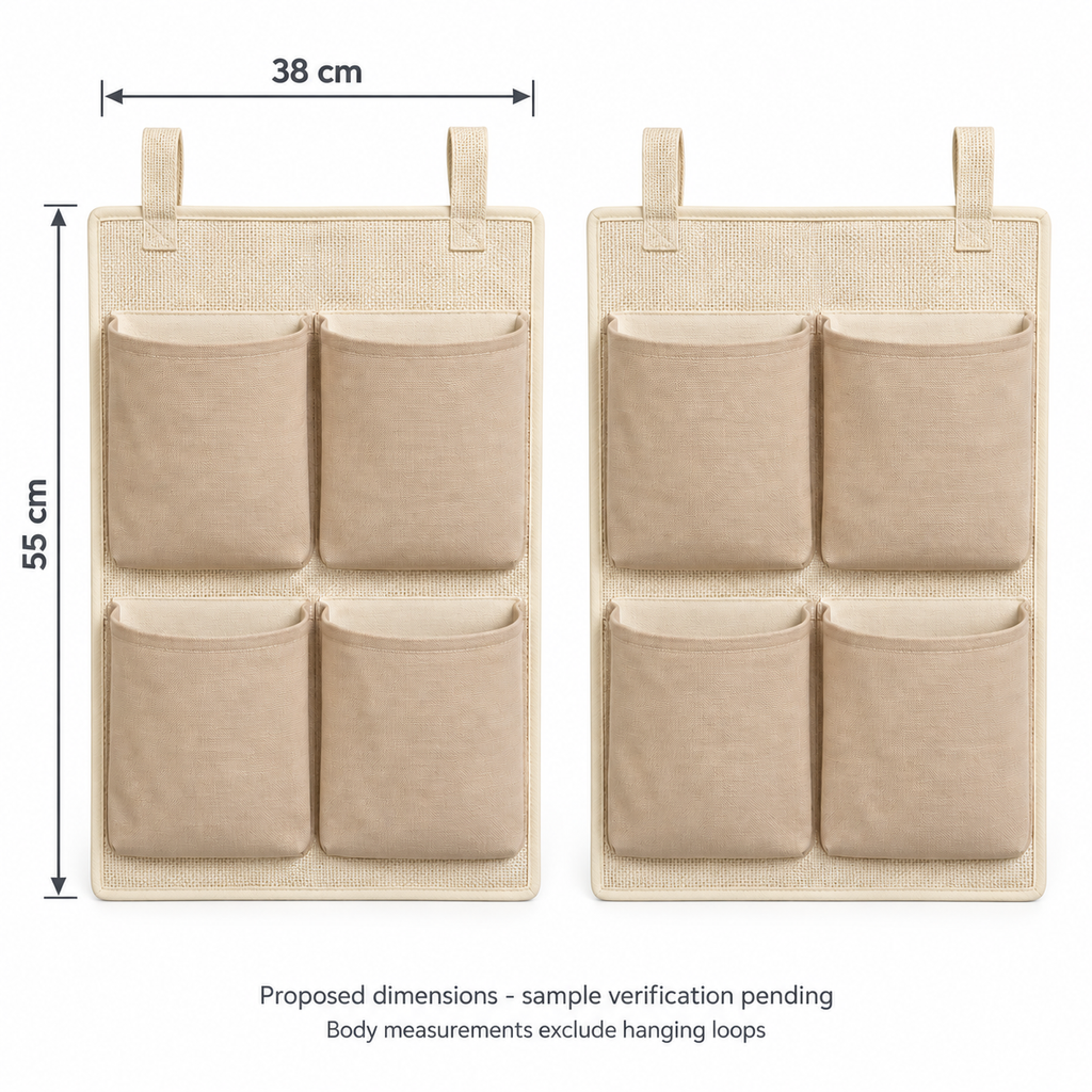 Soft Sand 4-Pocket Hanging Storage Organiser, 2-Piece Set showing proposed design dimensions