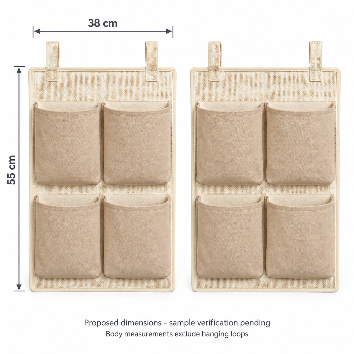 Soft Sand 4-Pocket Hanging Storage Organiser, 2-Piece Set showing proposed design dimensions
