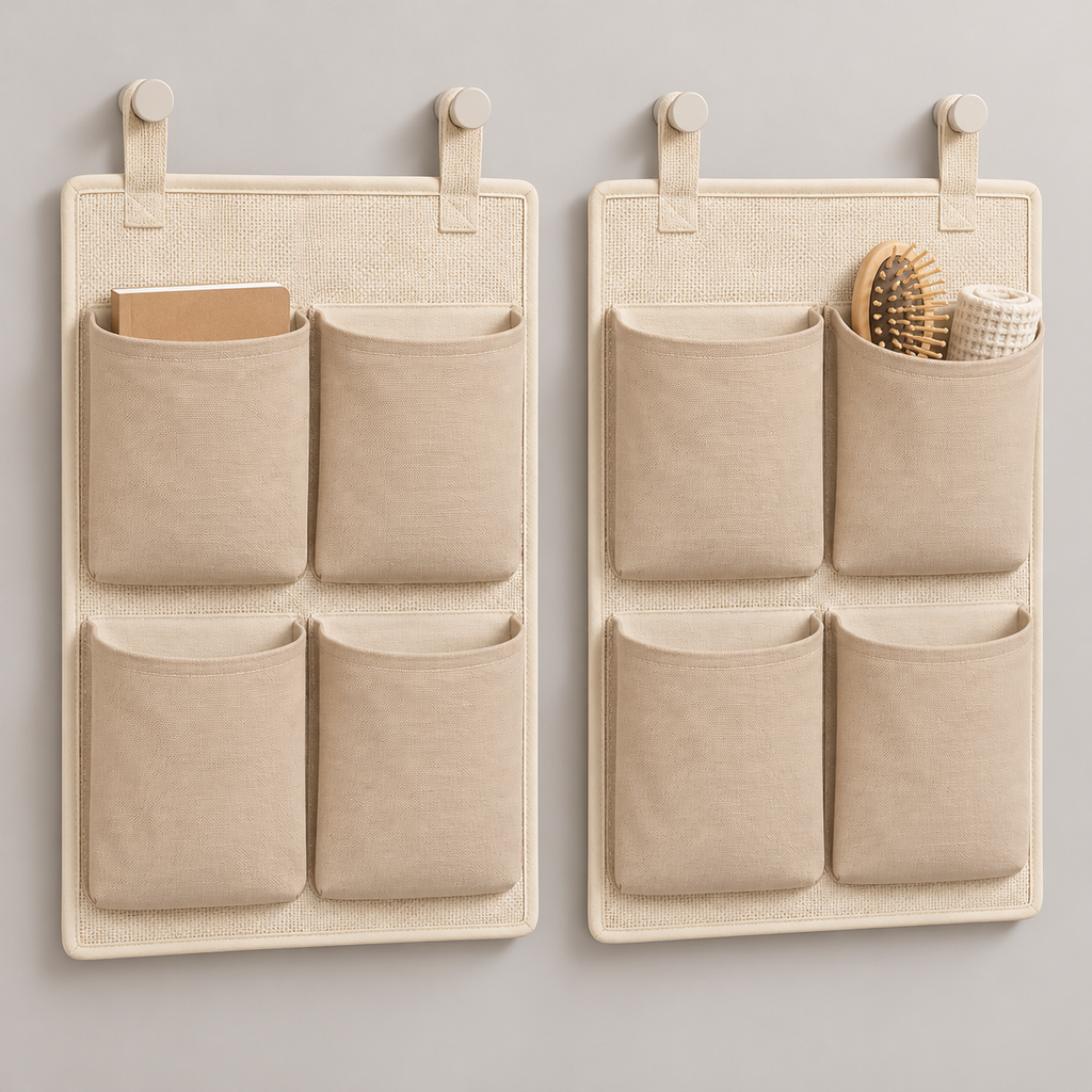 Soft Sand 4-Pocket Hanging Storage Organiser, 2-Piece Set showing pocket openings and hanging structure