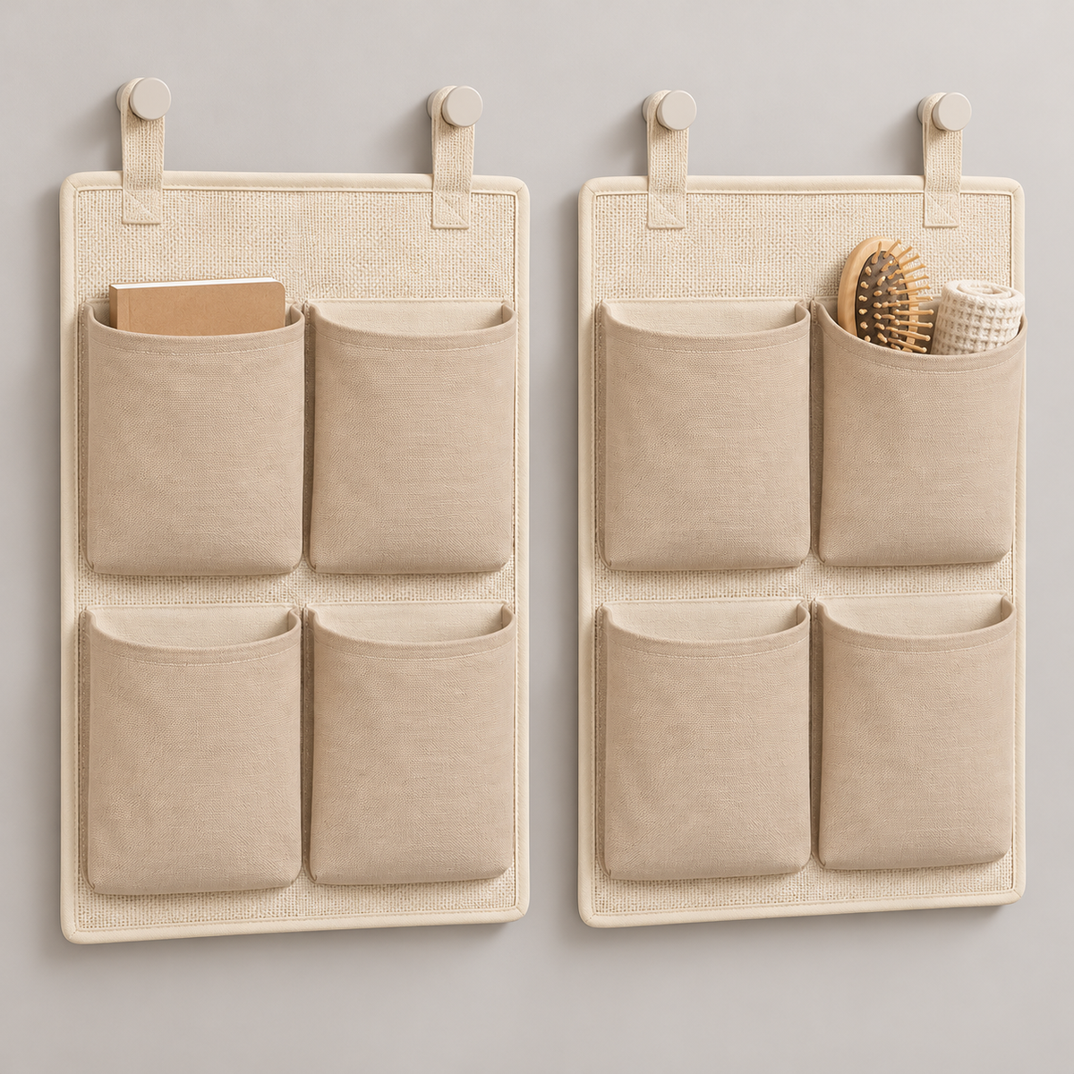 Soft Sand 4-Pocket Hanging Storage Organiser, 2-Piece Set showing pocket openings and hanging structure