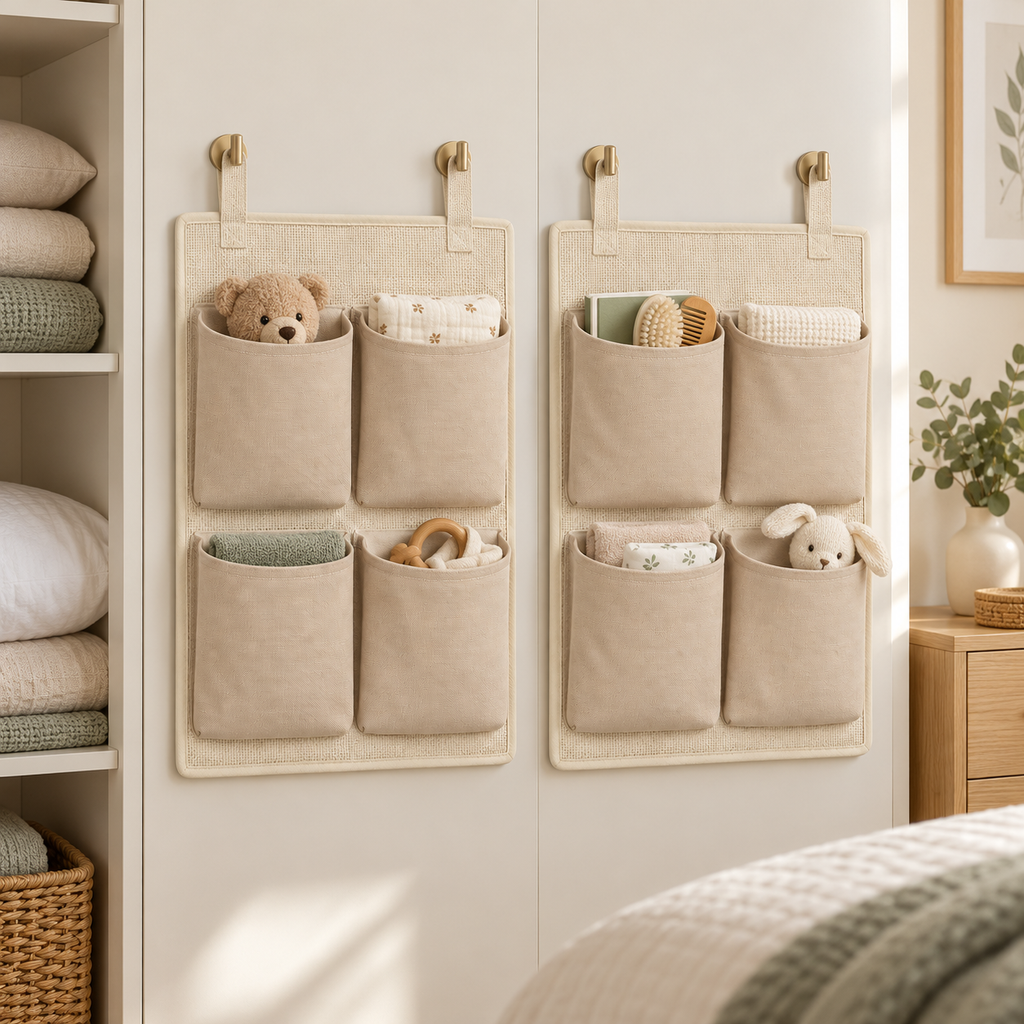 Soft Sand 4-Pocket Hanging Storage Organiser, 2-Piece Set in a bedroom storage setting