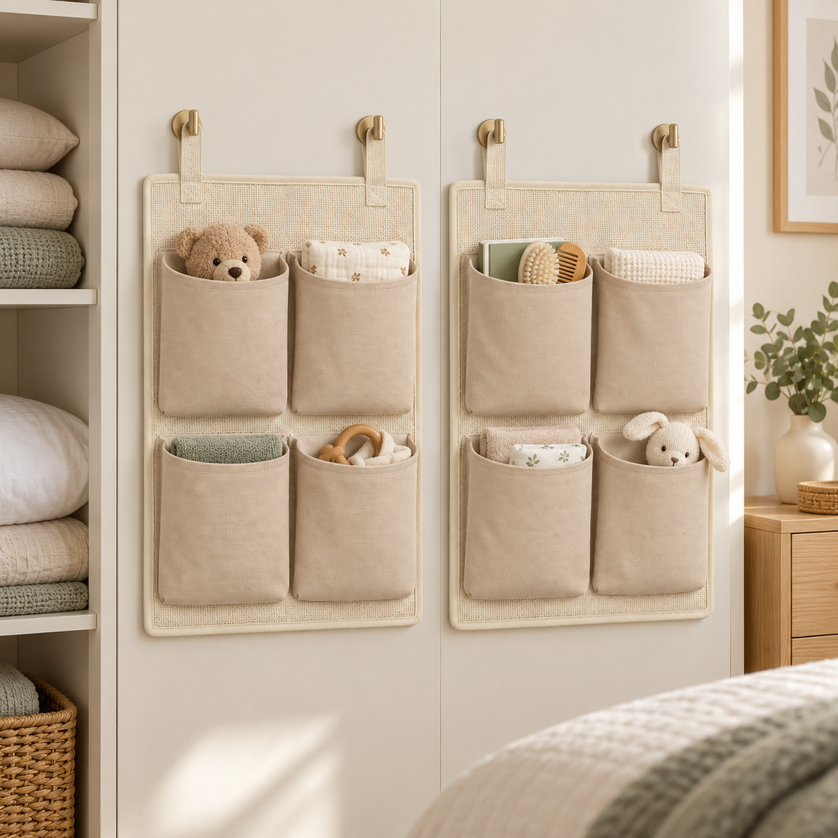 Soft Sand 4-Pocket Hanging Storage Organiser, 2-Piece Set in a bedroom storage setting