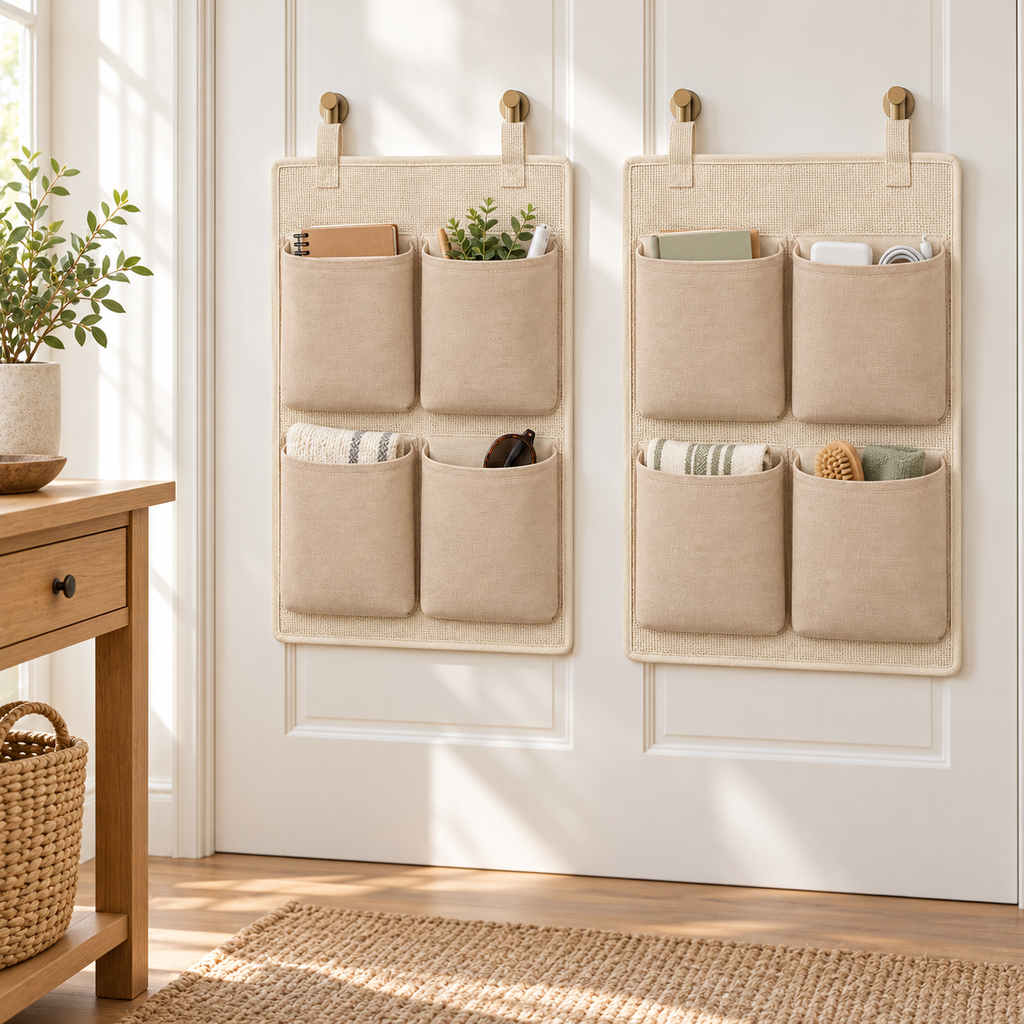 Soft Sand 4-Pocket Hanging Storage Organiser, 2-Piece Set in a home organisation setting